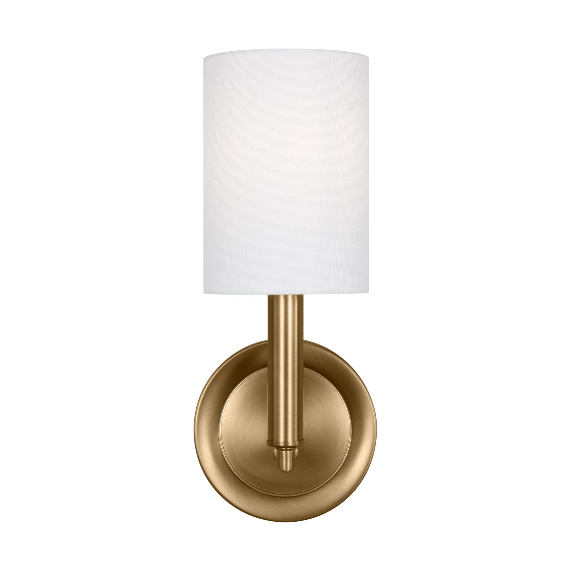 Shown in Satin Brass finish and White Linen Fabric shade