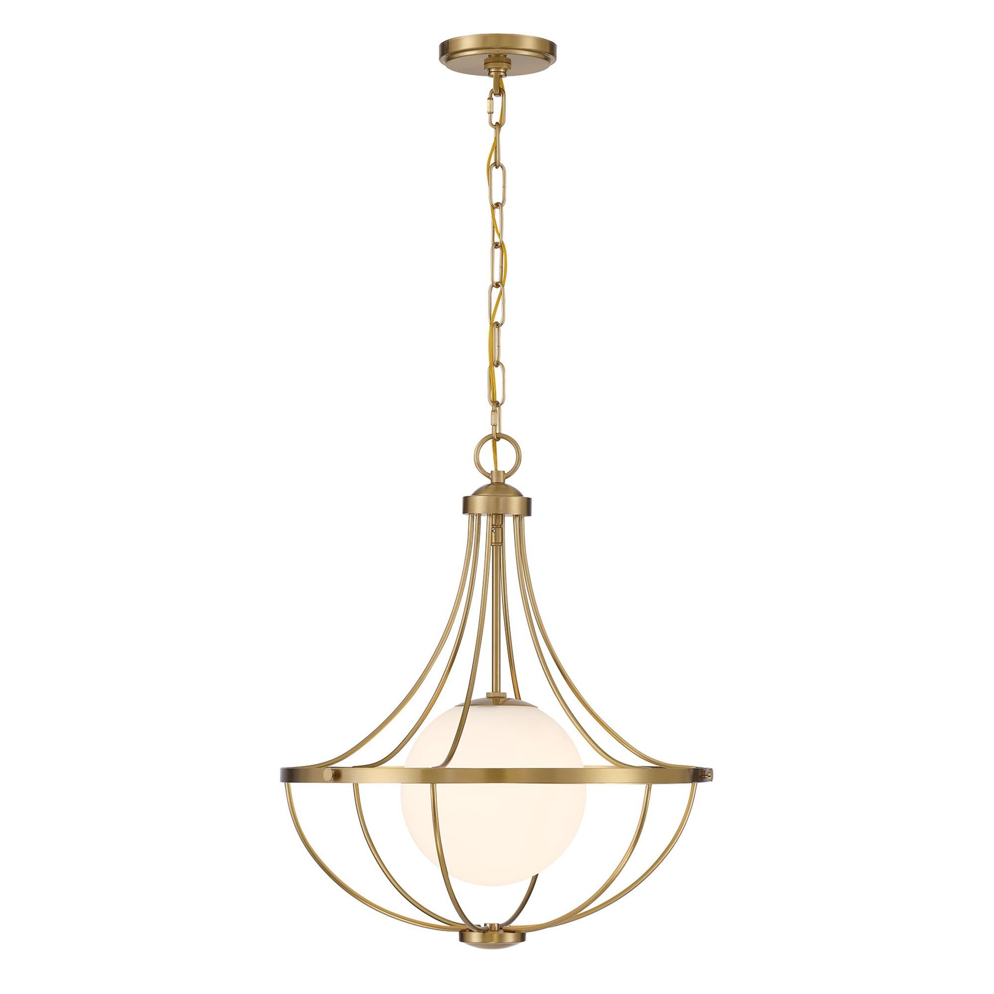 Shown in Natural Brass finish and White Opal glass and Glass shade