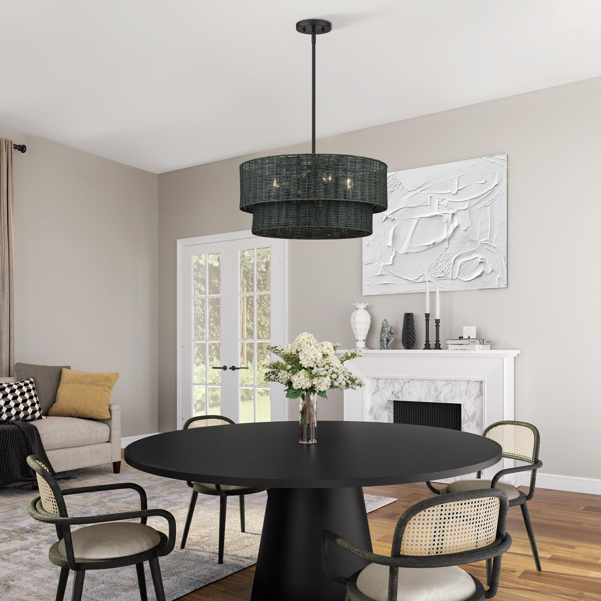 Shown in Black finish and Hand-Woven Charred Gray Color Rattan shade