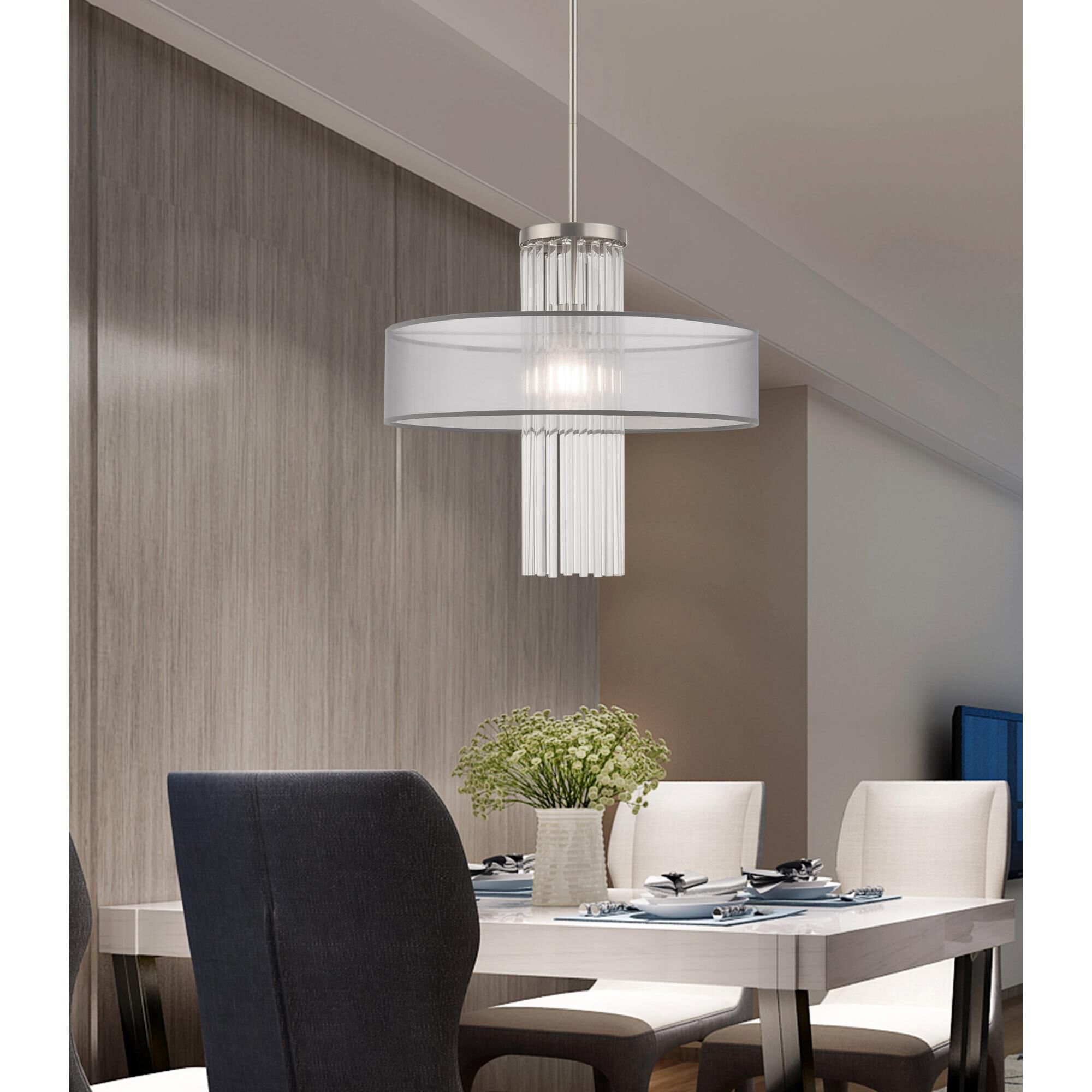 Shown in Brushed Nickel finish and Clear Crystal Rods with Hand Crafted Translucent Gray Fabric shade