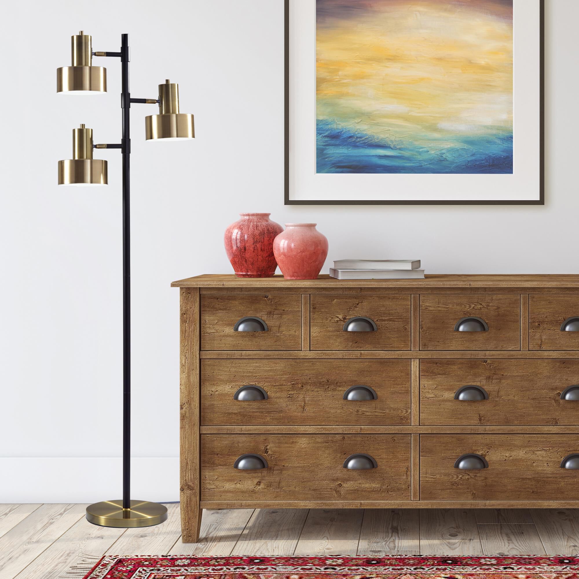 Shown in Matte Black & Antique Brass finish and Antique Brass shade