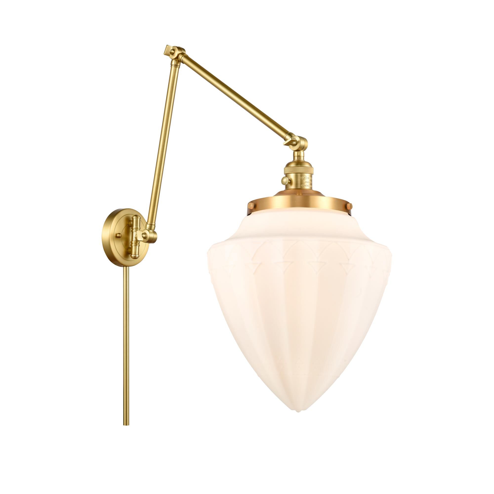 Shown in Satin Gold finish and Matte White glass