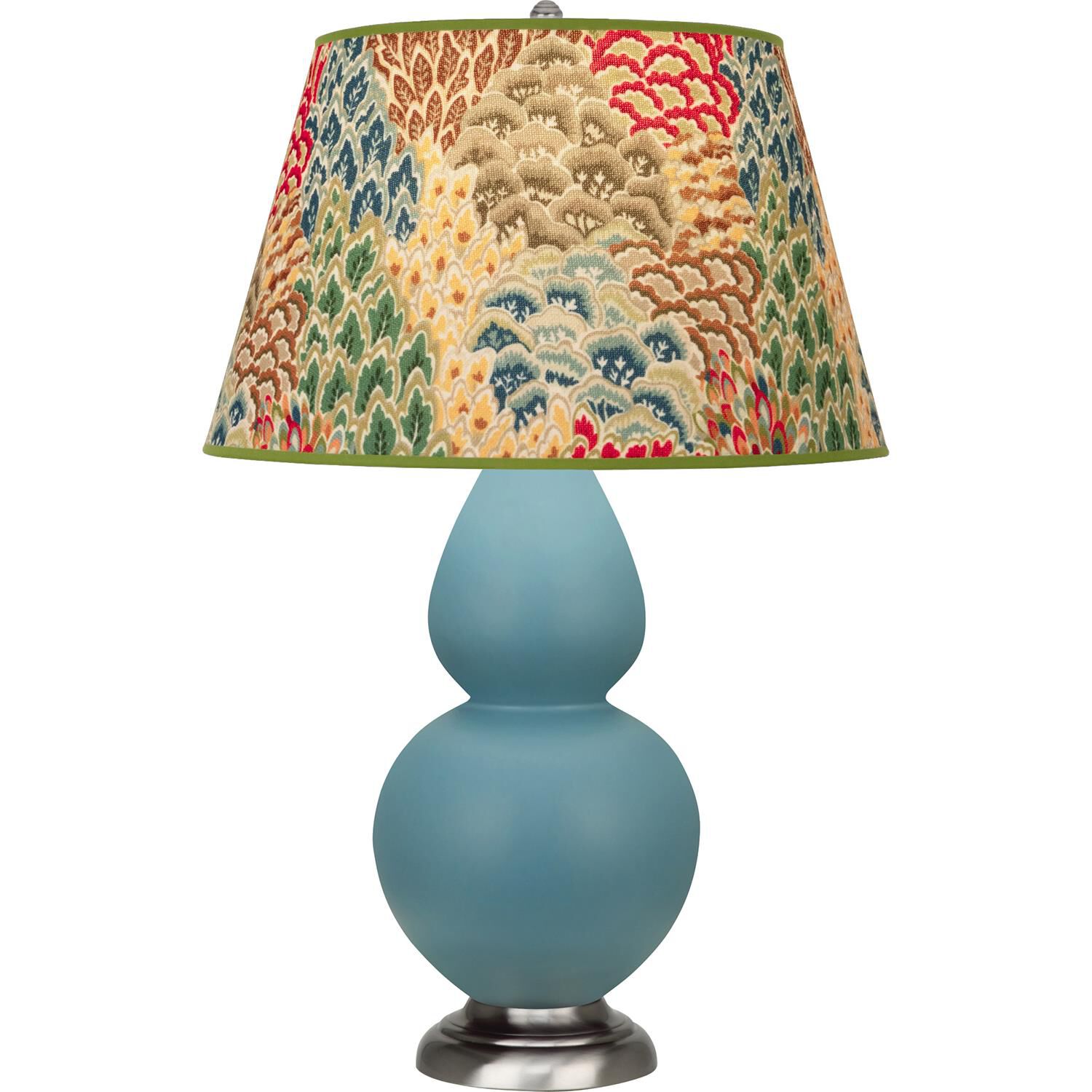 Shown in Matte Steel Blue finish and Fall Floral shade and Antique Silver accent