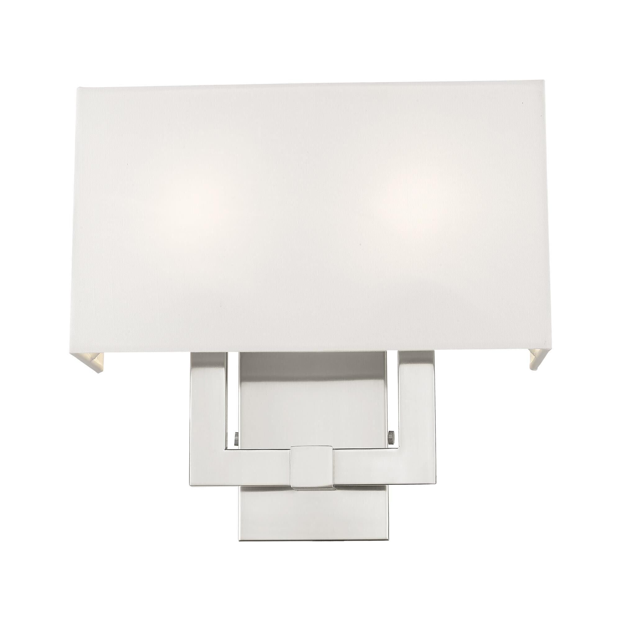 Shown in Brushed Nickel finish and Hand Crafted Off White Fabric Hardback shade