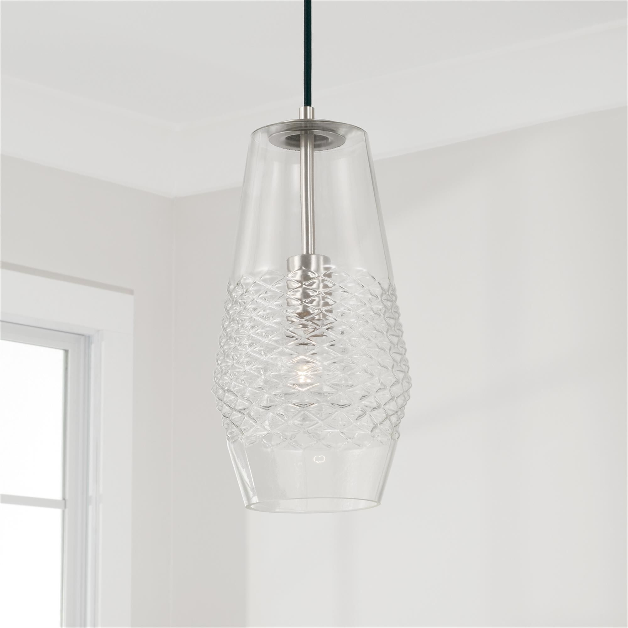Shown in Brushed Nickel finish and Diamond Embossed glass
