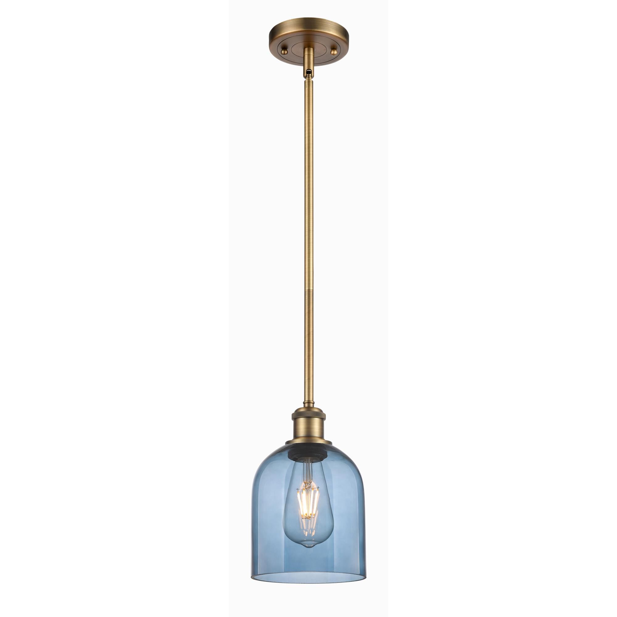 Shown in Brushed Brass finish and Princess Blue glass