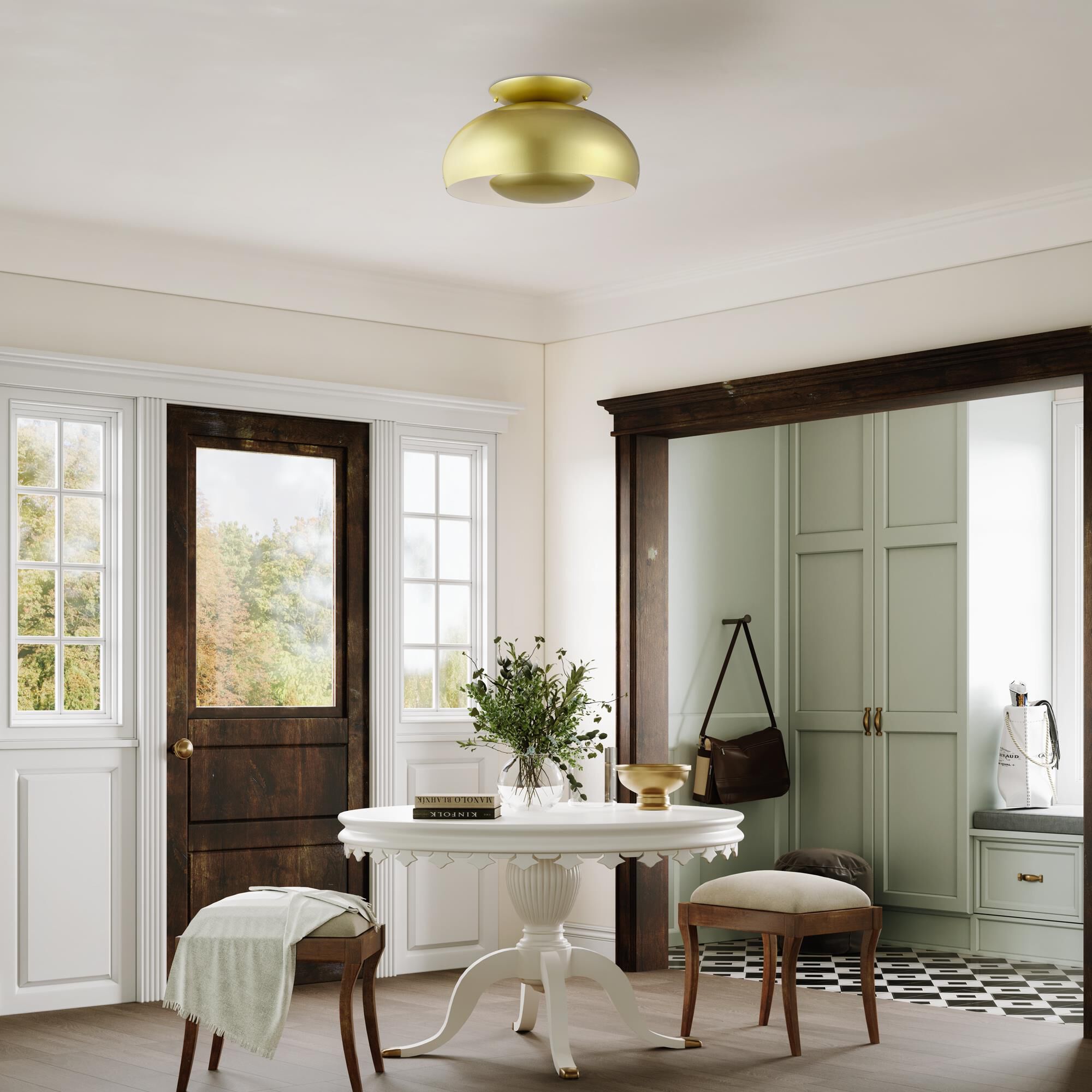 Shown in Soft Gold finish and Soft Gold Steel with Shiny White Inside shade