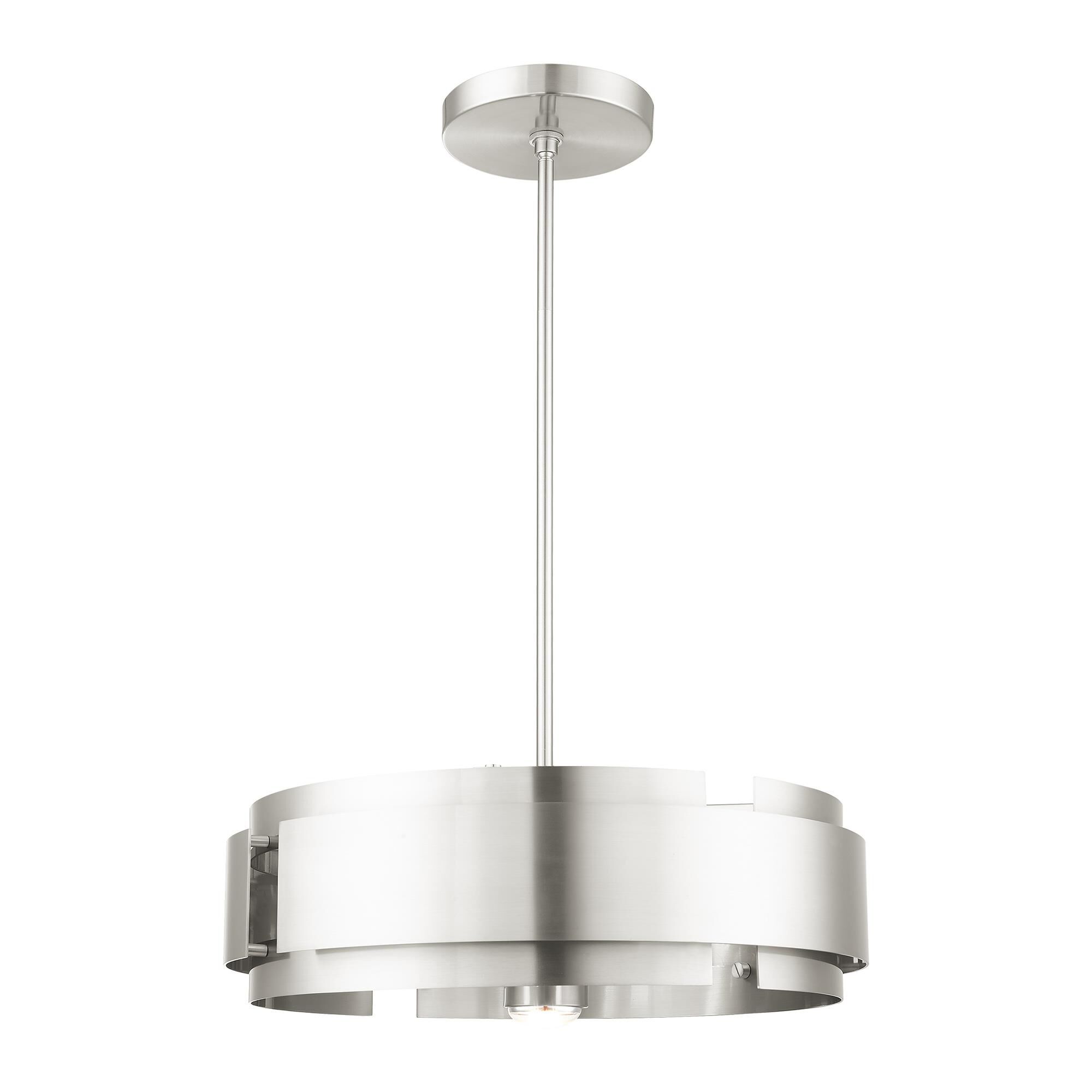 Shown in Brushed Nickel finish and Brushed Nickel Drum Shade glass and Brushed Nickel Drum shade