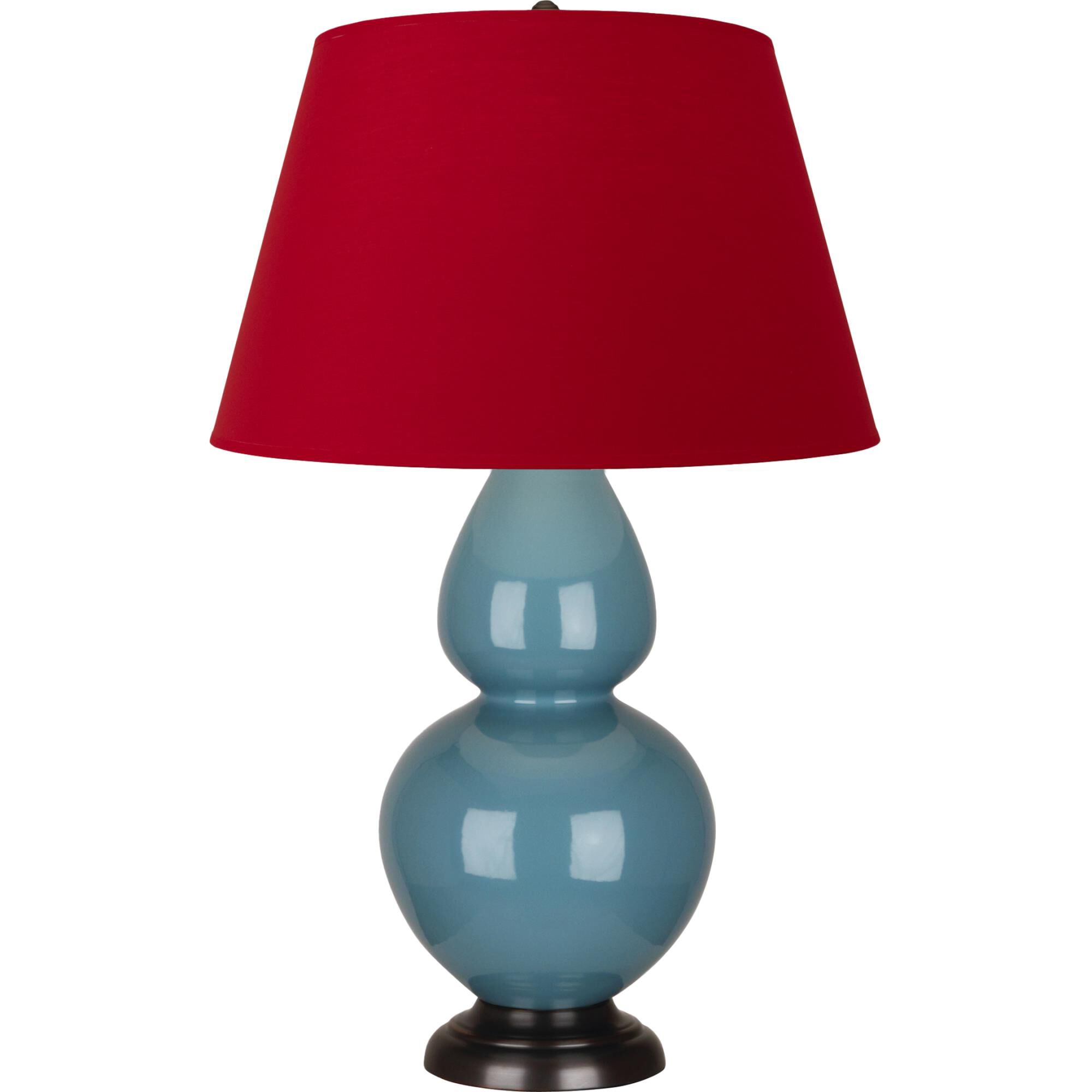 Shown in Steel Blue finish and Black and Red shade and Deep Patina Bronze accent