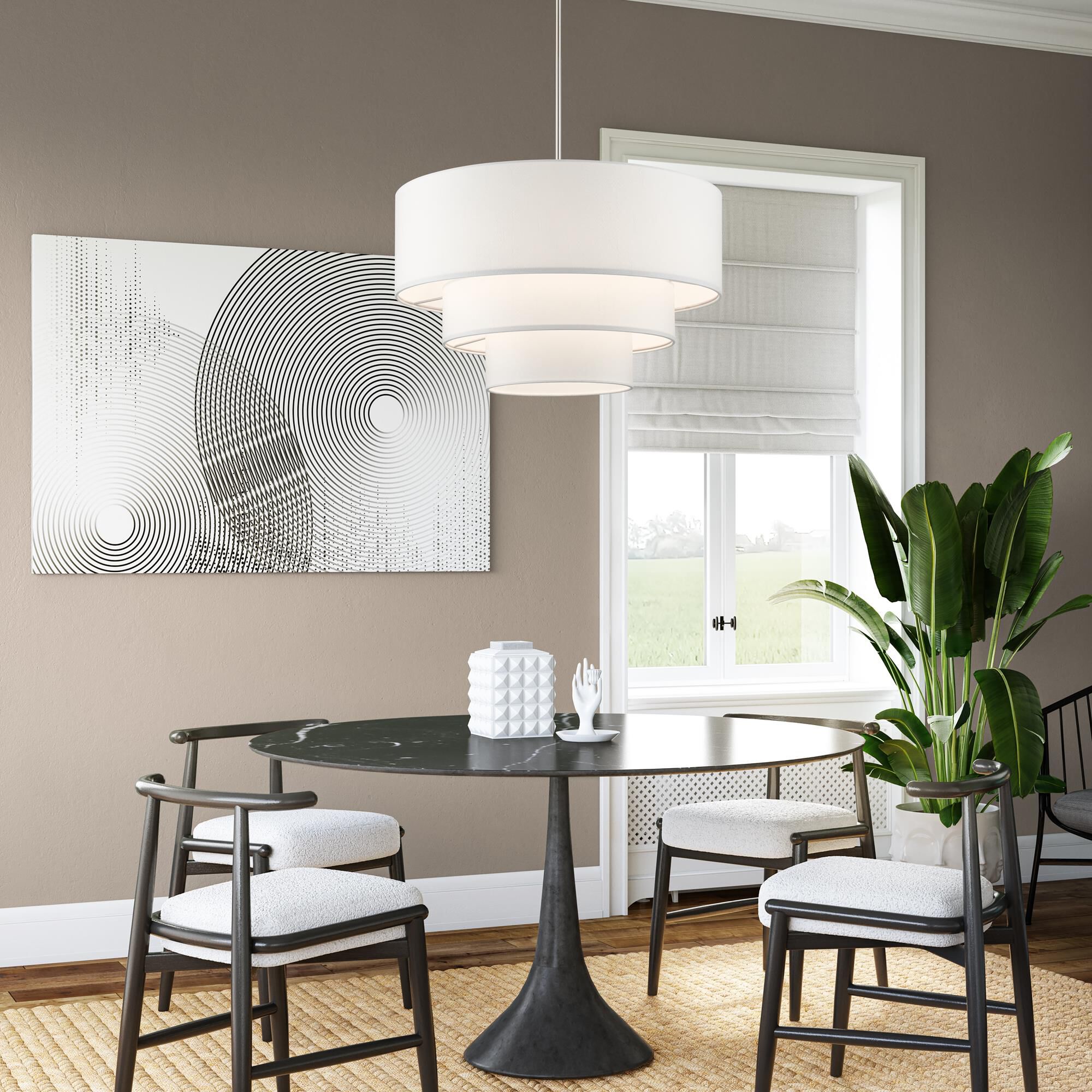 Shown in Brushed Nickel finish and Hand Crafted Off-White Color Hardback Fabric with White Fabric Inside shade