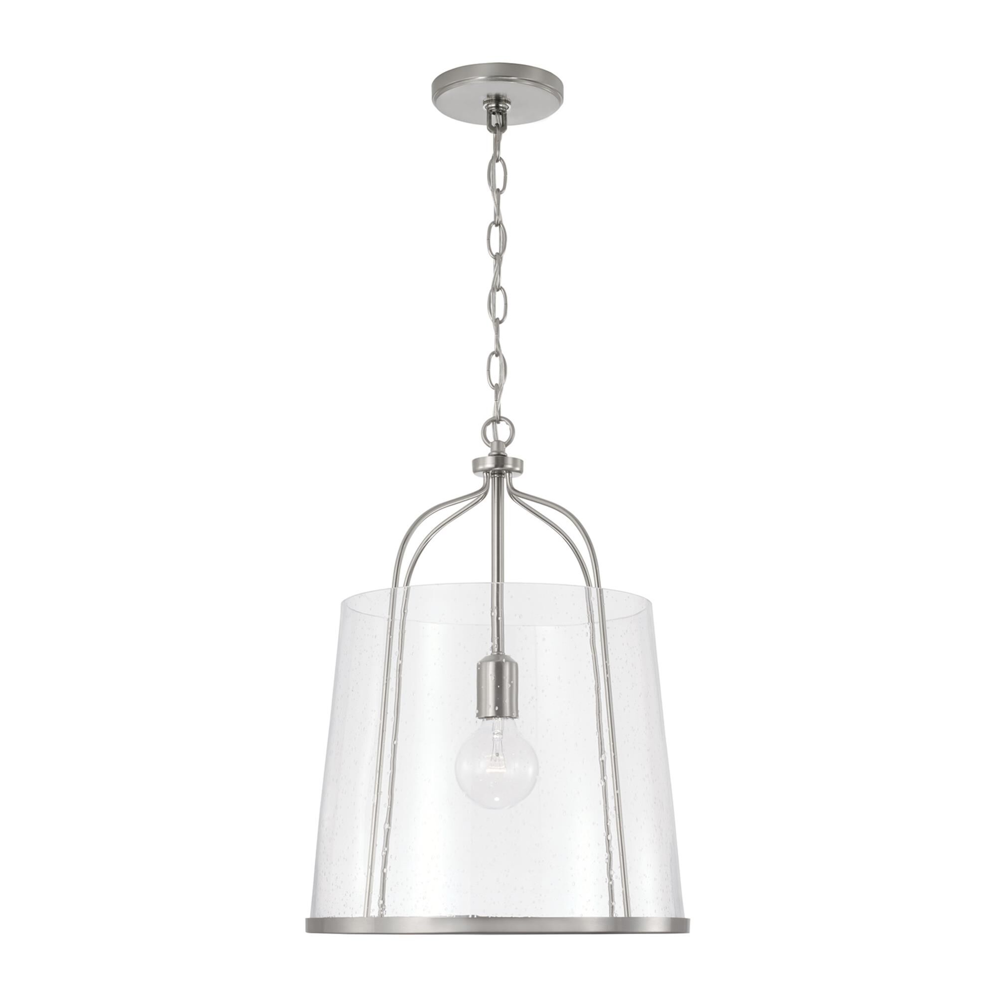 Shown in Brushed Nickel finish and Clear Seeded glass