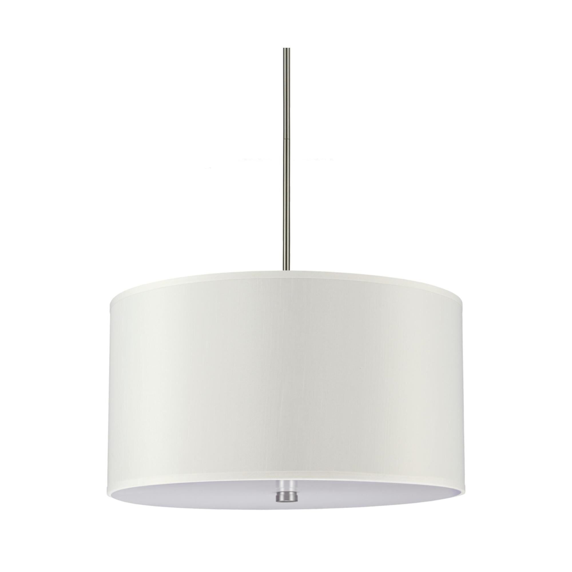 Shown in Brushed Nickel finish and White Acrylic Diffuser And Faux Silk Fabric Shade glass and White Acrylic Diffuser And Faux Silk Fabric shade