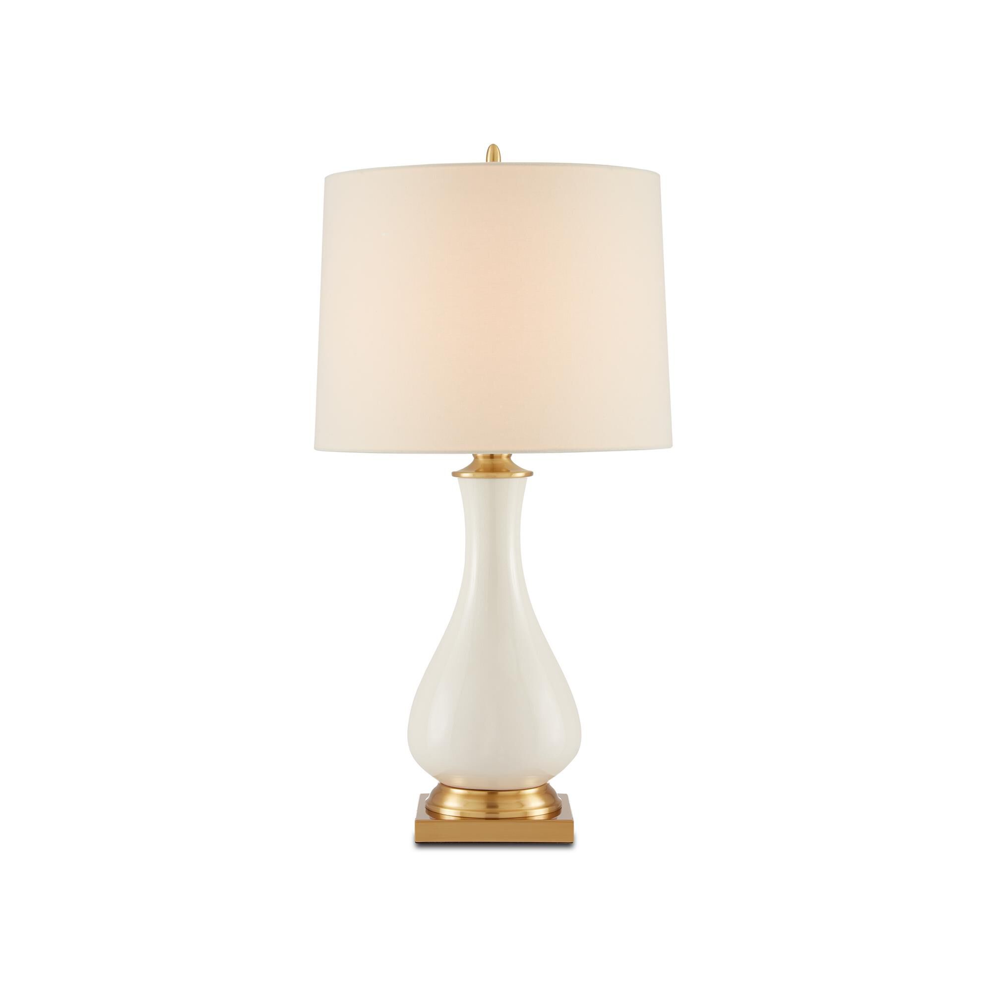 Shown in Cream Crackle-Brass finish and Off White Linen shade
