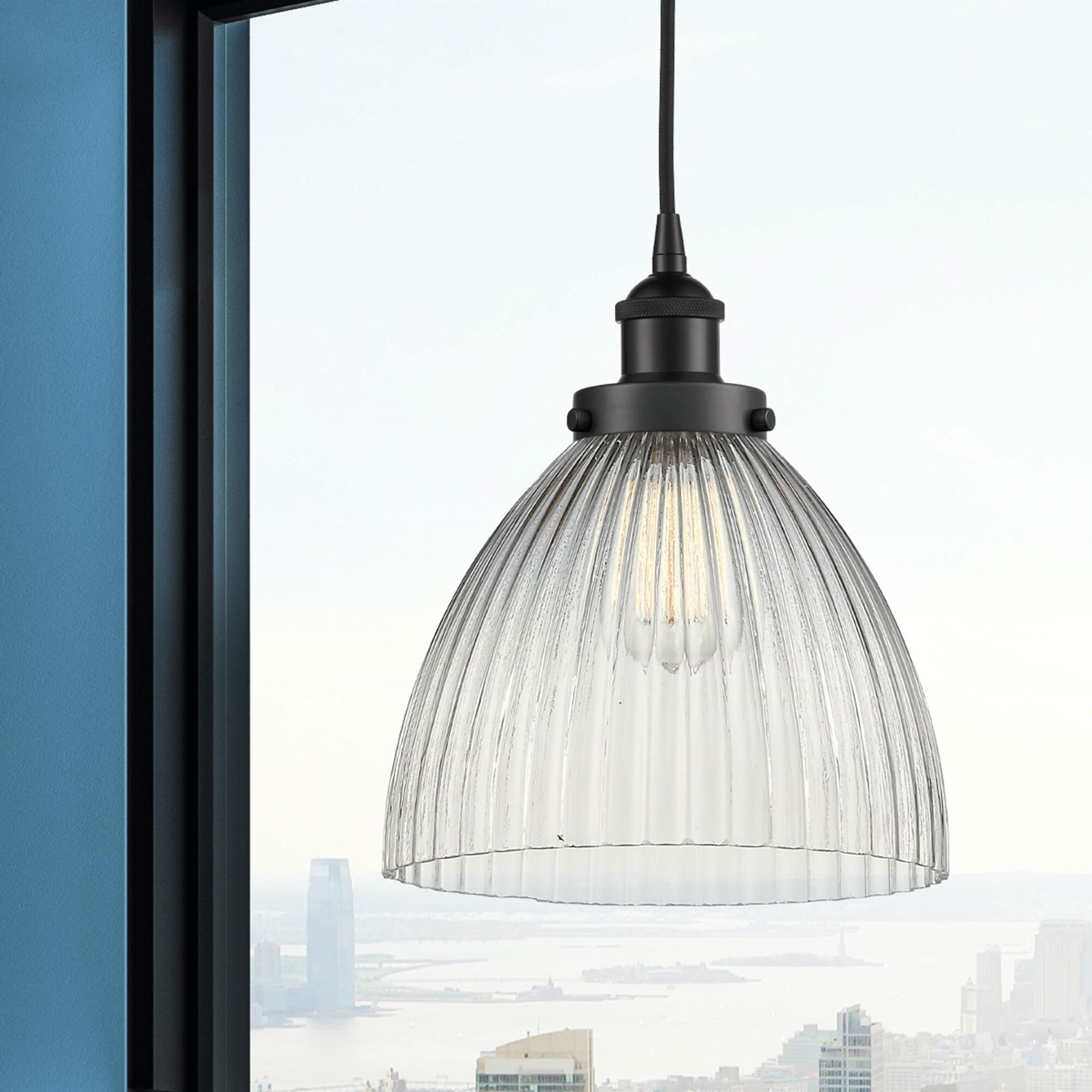 Shown in Matte Black finish and Clear Halophane Seneca Falls glass