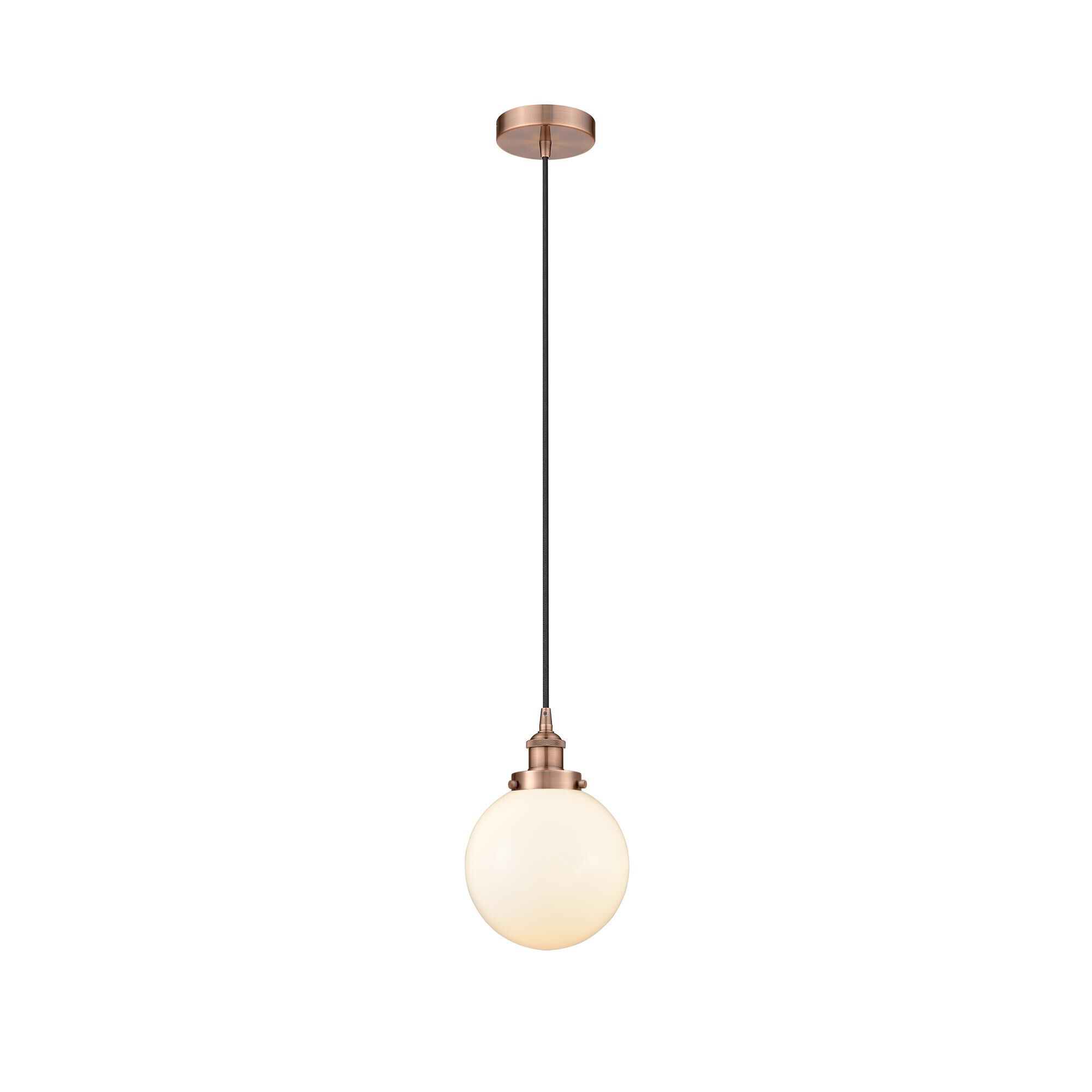 Shown in Antique Copper finish and Matte White Cased Beacon glass
