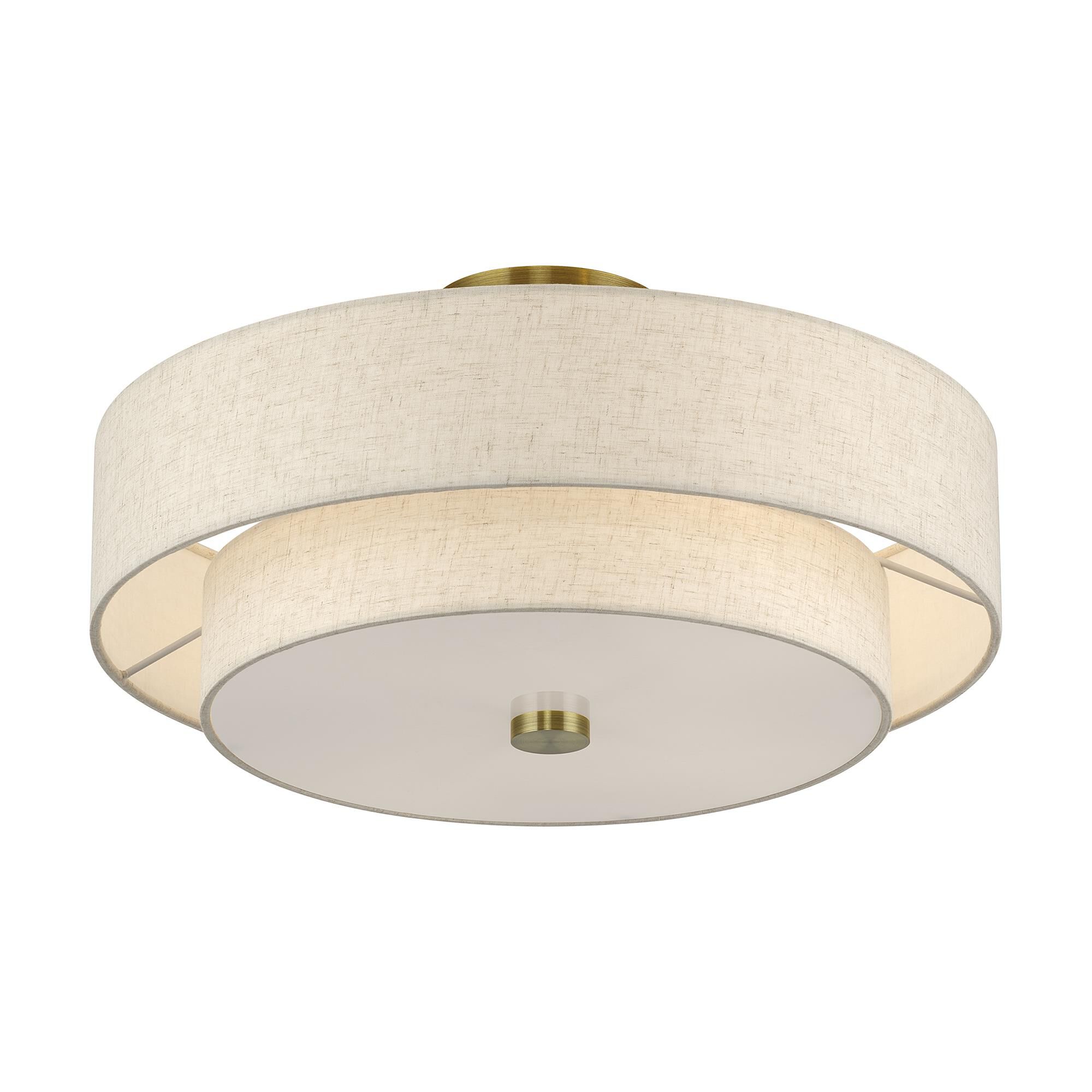 Shown in Antique Brass finish and Hand Crafted Oatmeal Color Fabric with White Color Inside shade