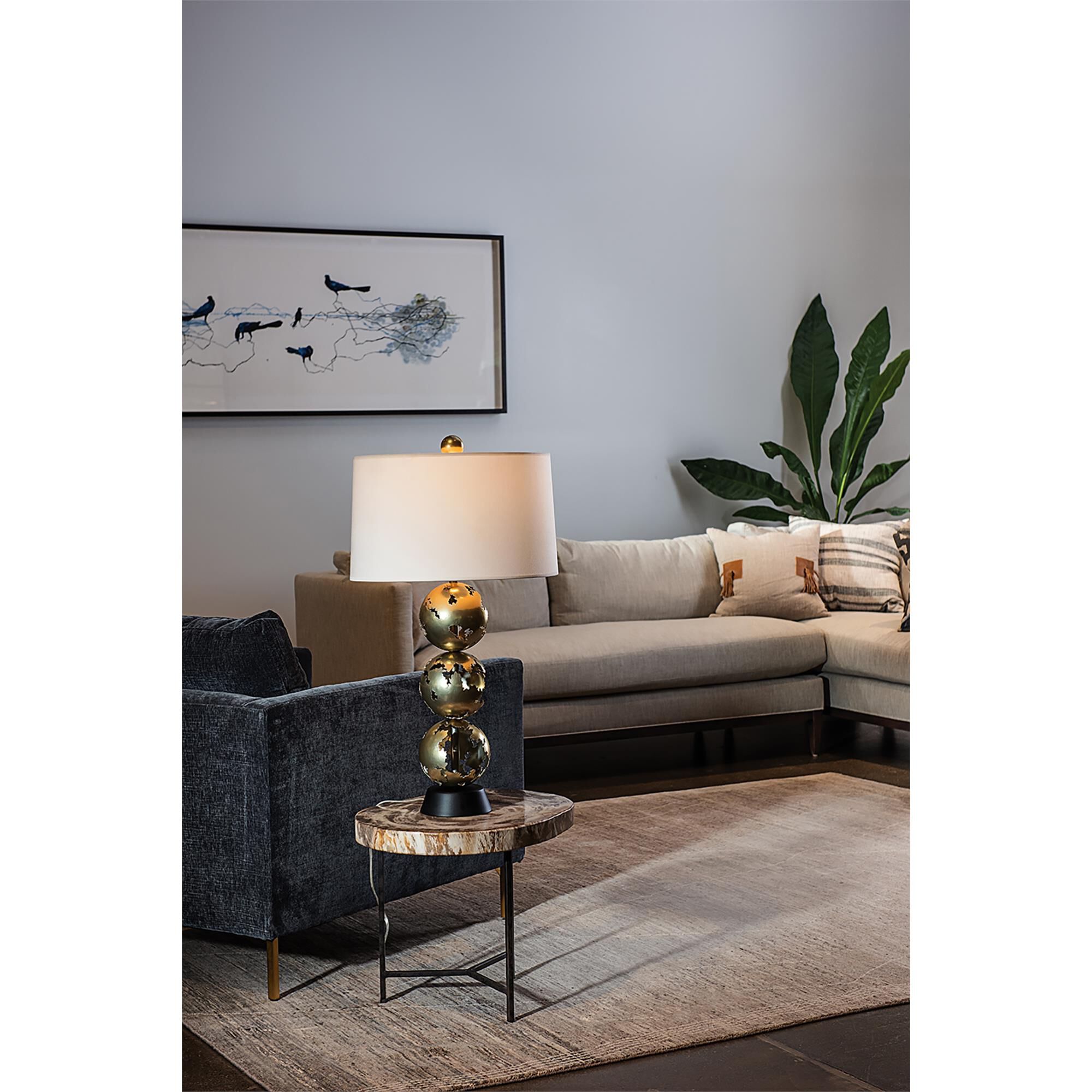 Shown in Modern Brass and Black finish and Natural Anna shade