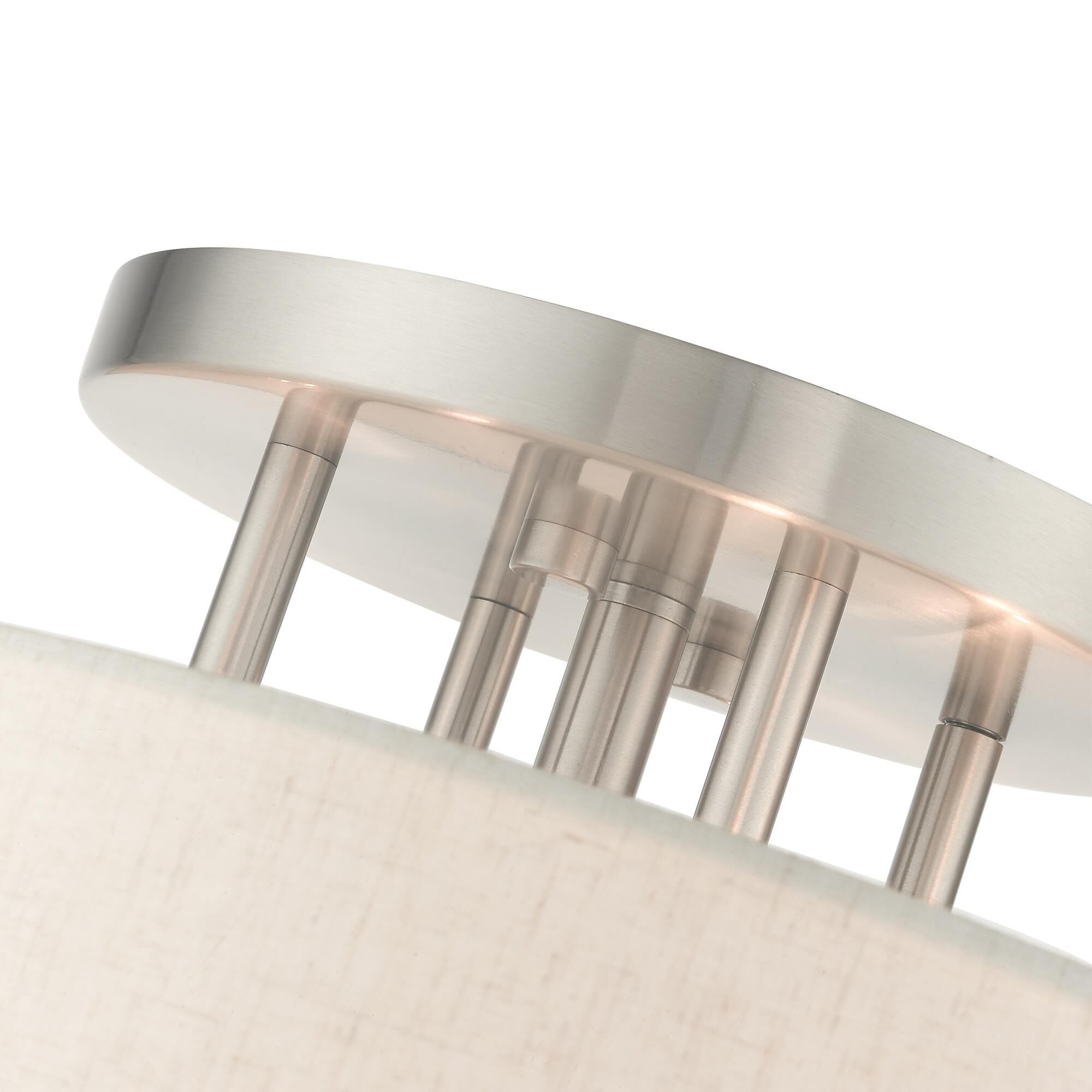 Shown in Brushed Nickel finish and Hand Crafted Hardback Scalloped  Completely Finished With Oatmeal Color Fabric Outside and Inside shade