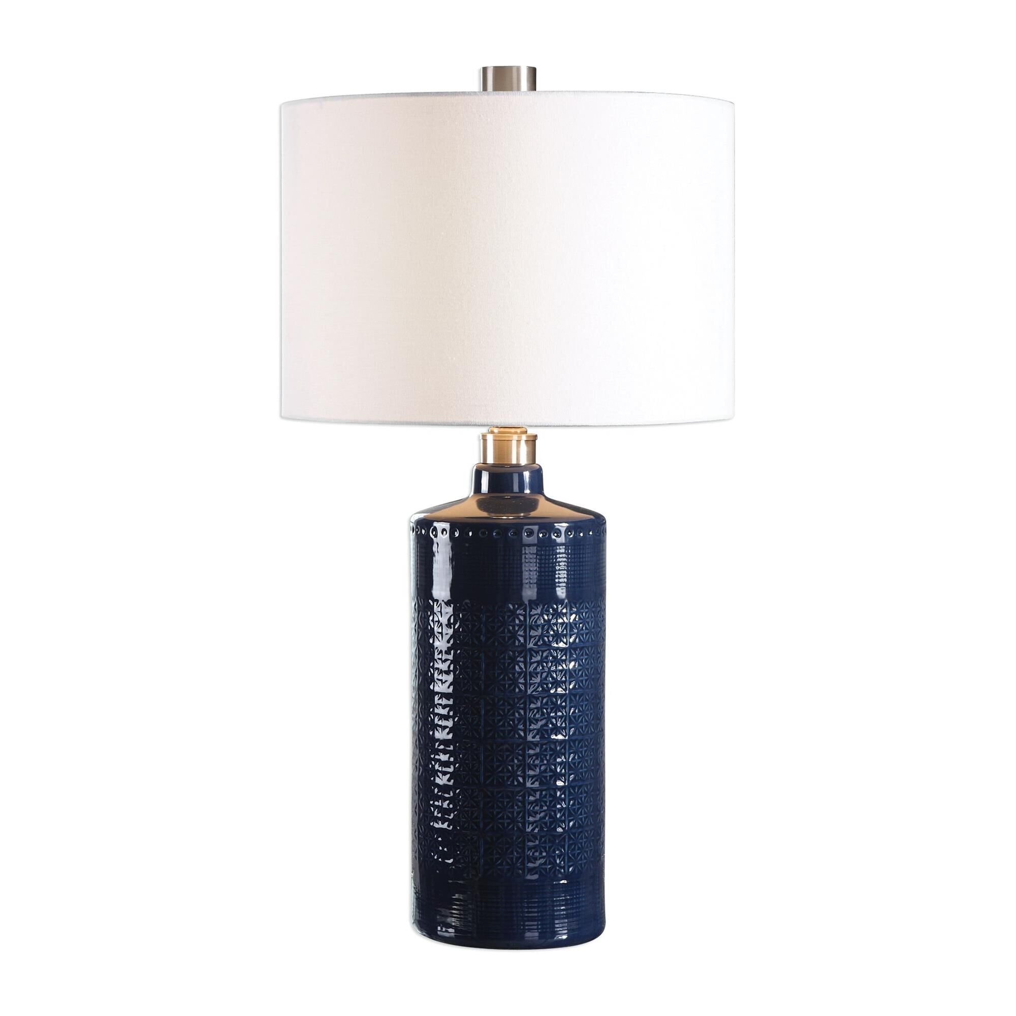Shown in Royal Blue Glaze With Brushed Nickel finish and White Linen Hardback Fabric shade