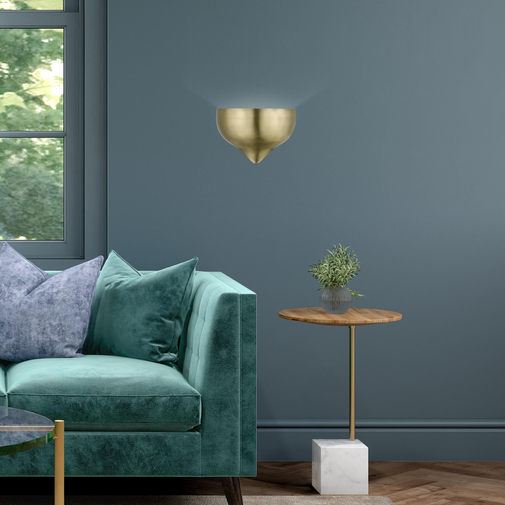 Shown in Antique Brass finish and Antique Brass with White Inside shade