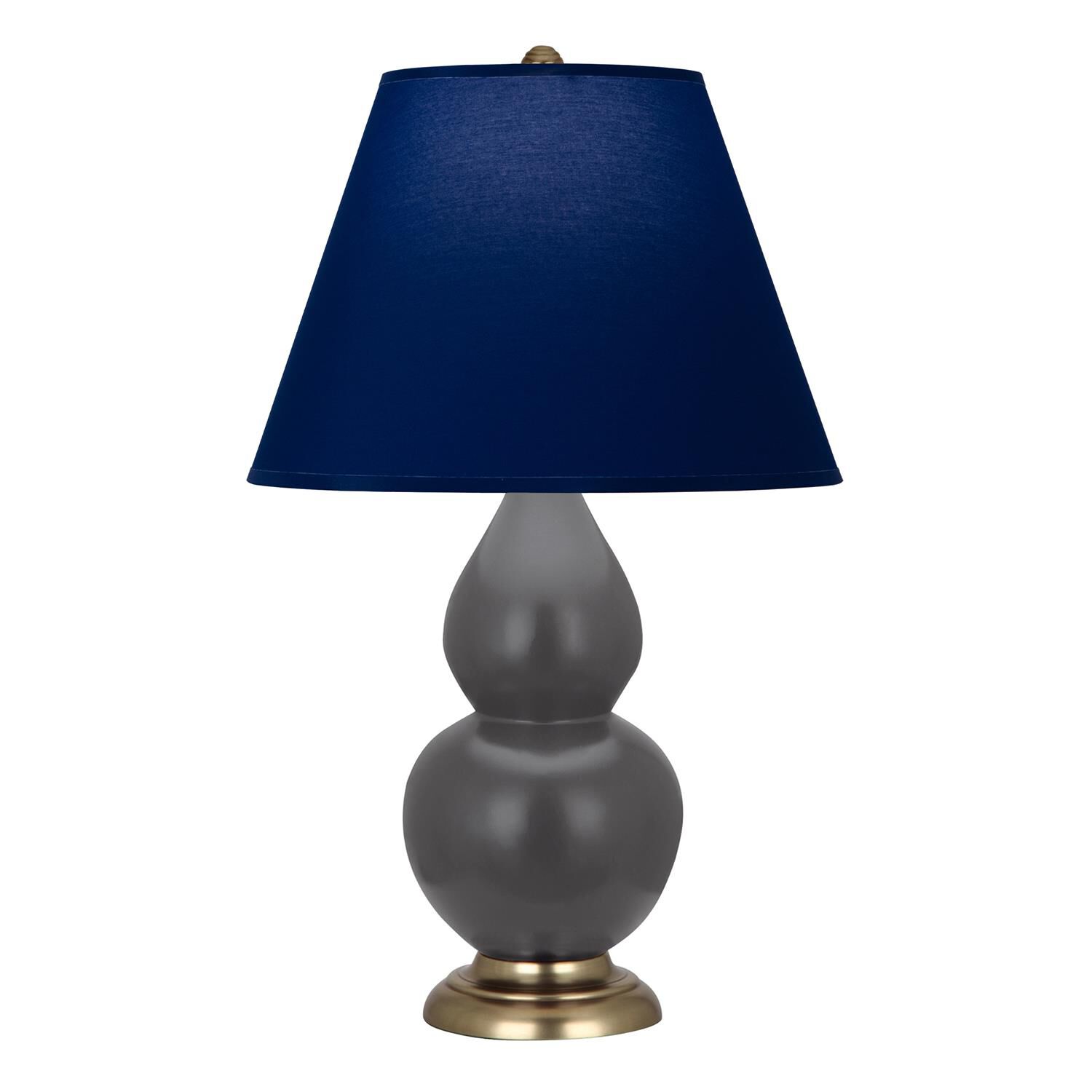Shown in Matte Ash finish and Navy and Gray shade and Antique Brass accent