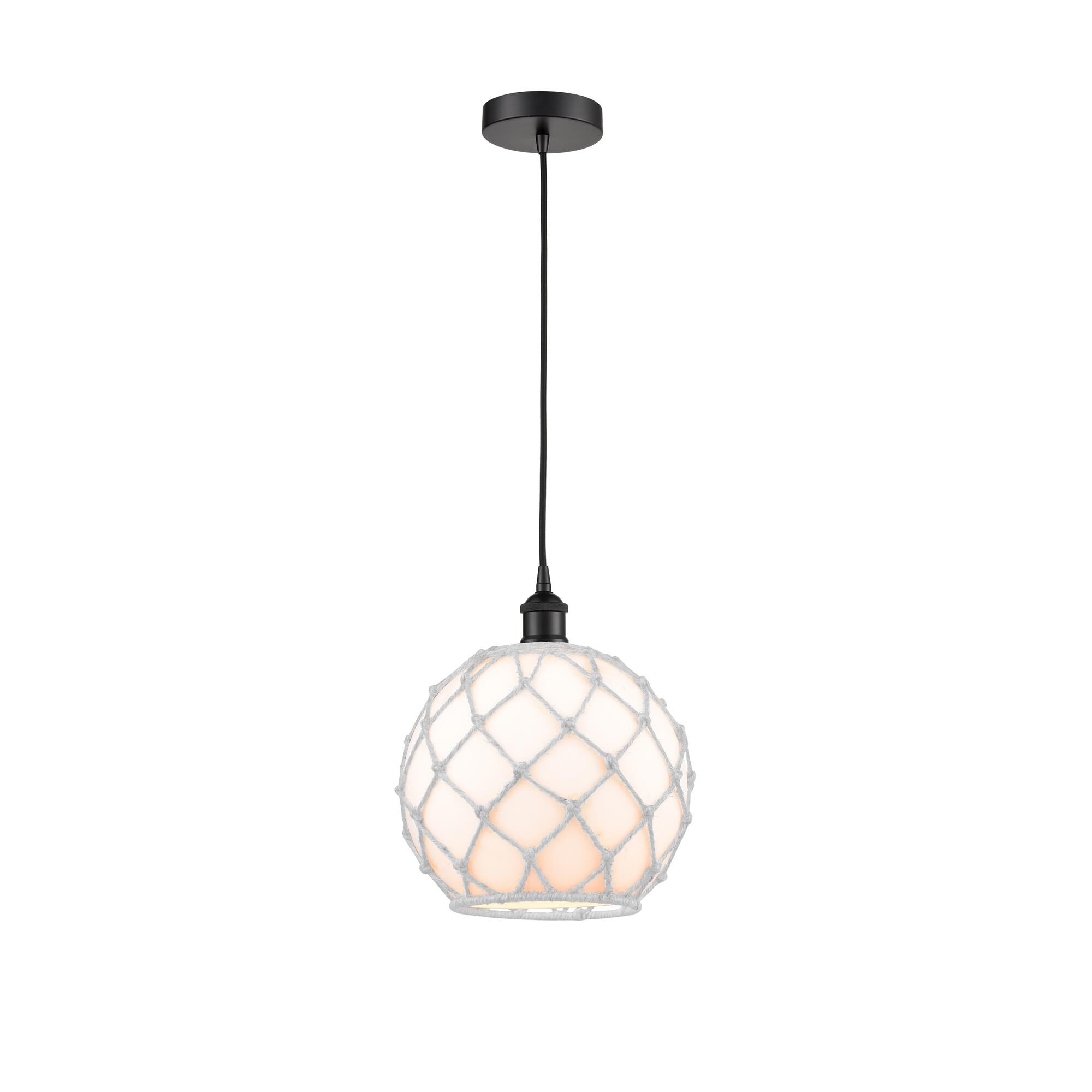 Shown in Matte Black finish and White Large Farmhouse With White Rope glass