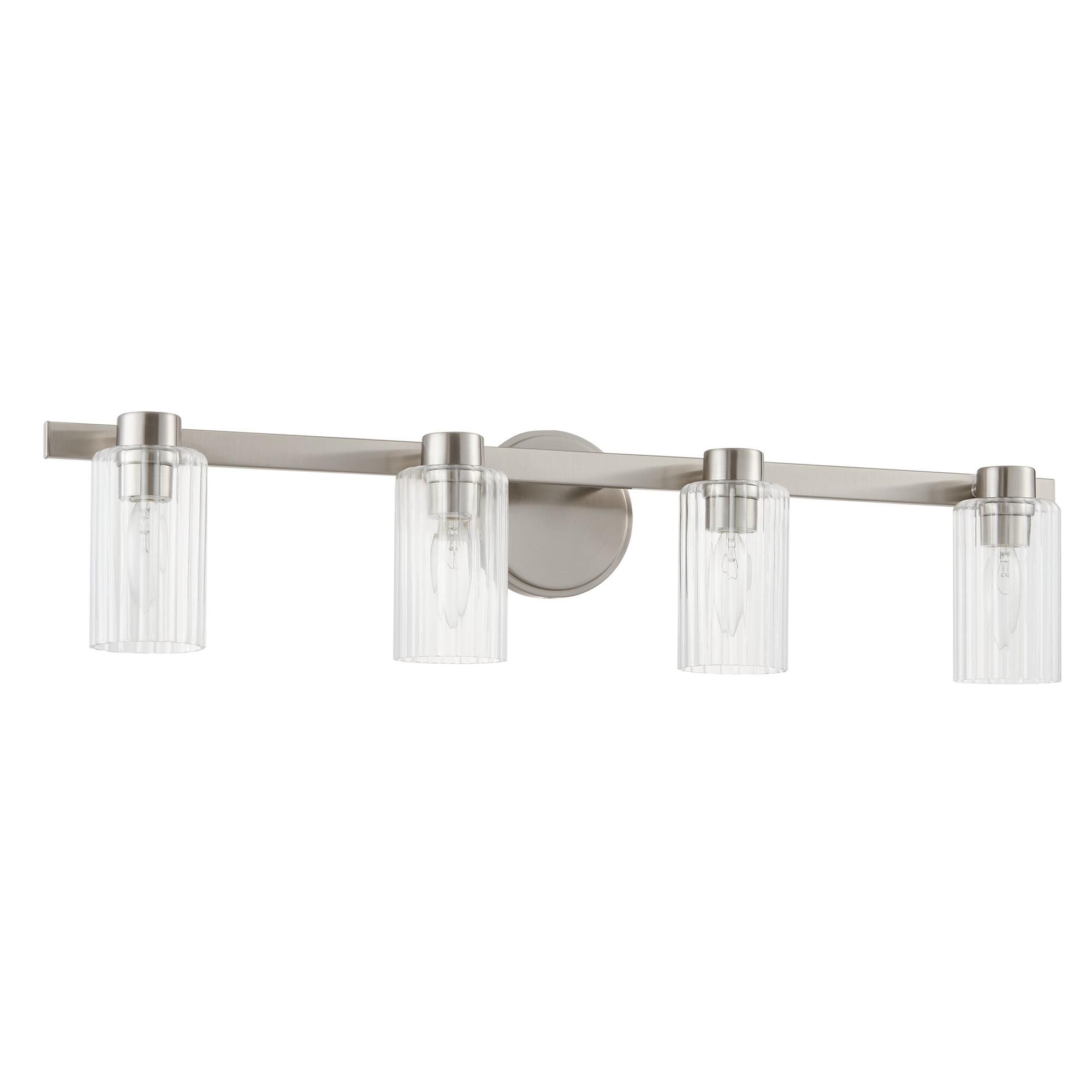 Shown in Brushed Nickel finish and Clear Ribbed glass
