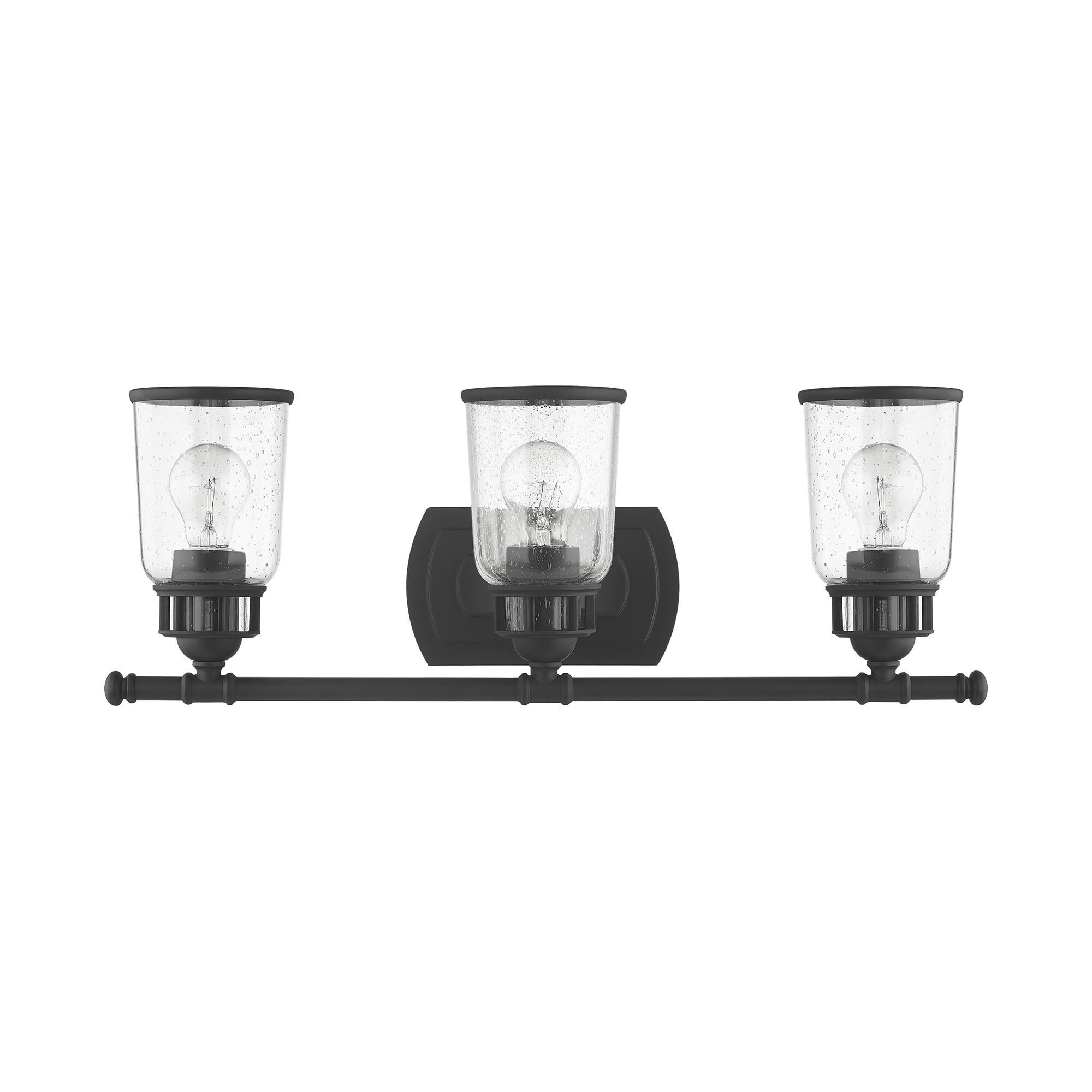 Shown in Black finish and Hand Blown Clear Seeded glass and Hand Blown Clear Seeded Glass shade