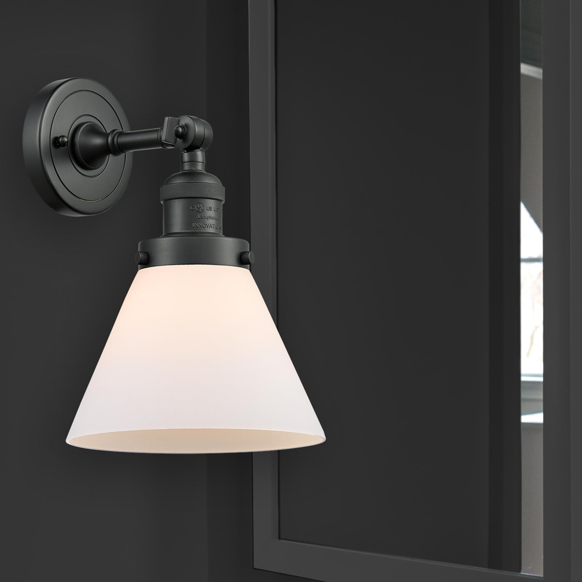 Shown in Matte Black finish and Matte White Cased glass and Brushed Satin Nickel shade and No Accent accent