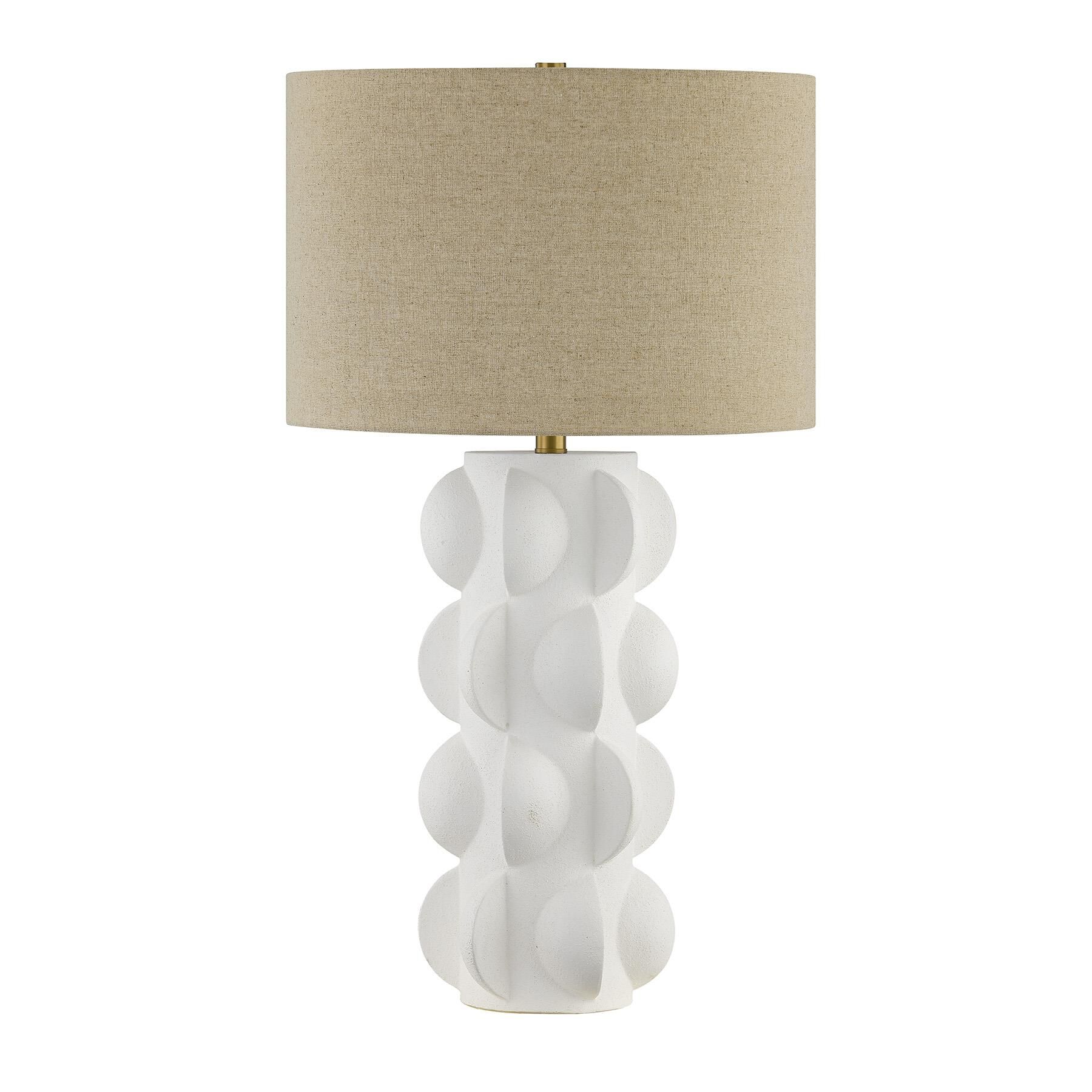 Shown in Warm Brass finish and Beige Fabric shade