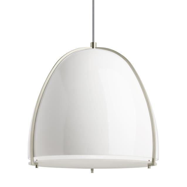 Shown in Gloss White/Satin Nickel finish and Gloss White glass and Fiberglass shade