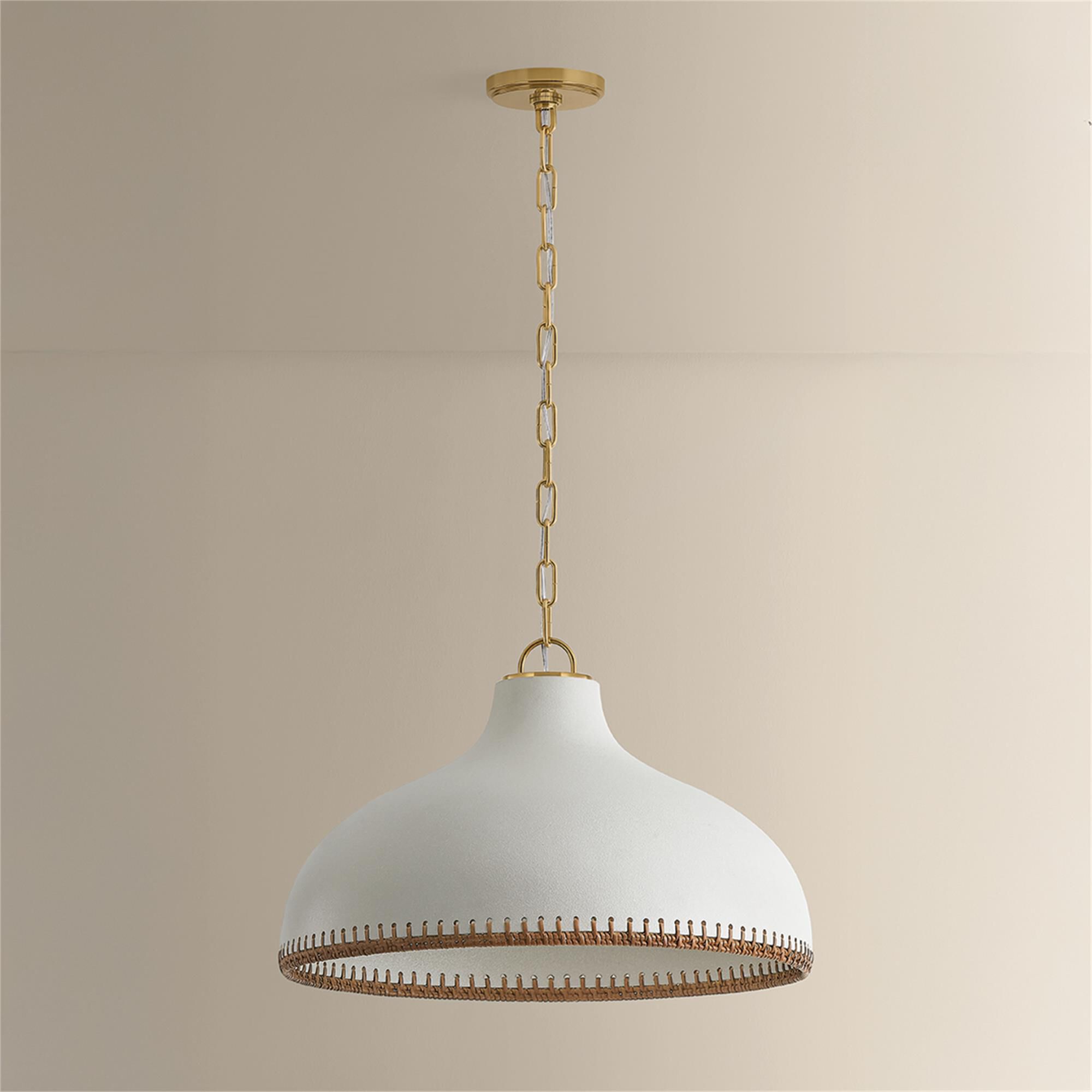 Shown in Aged Brass and Ceramic Cream Pebble finish and Rattan Weave Ceramic shade