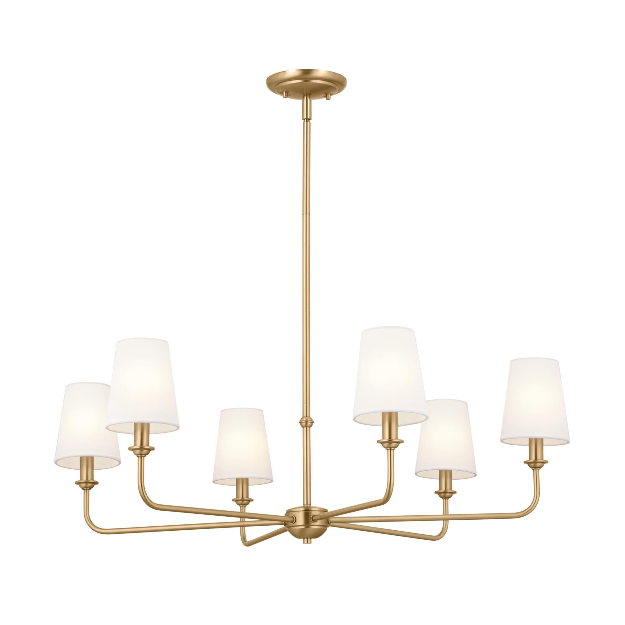 Shown in Brushed Natural Brass finish and Fabric and Bell shade