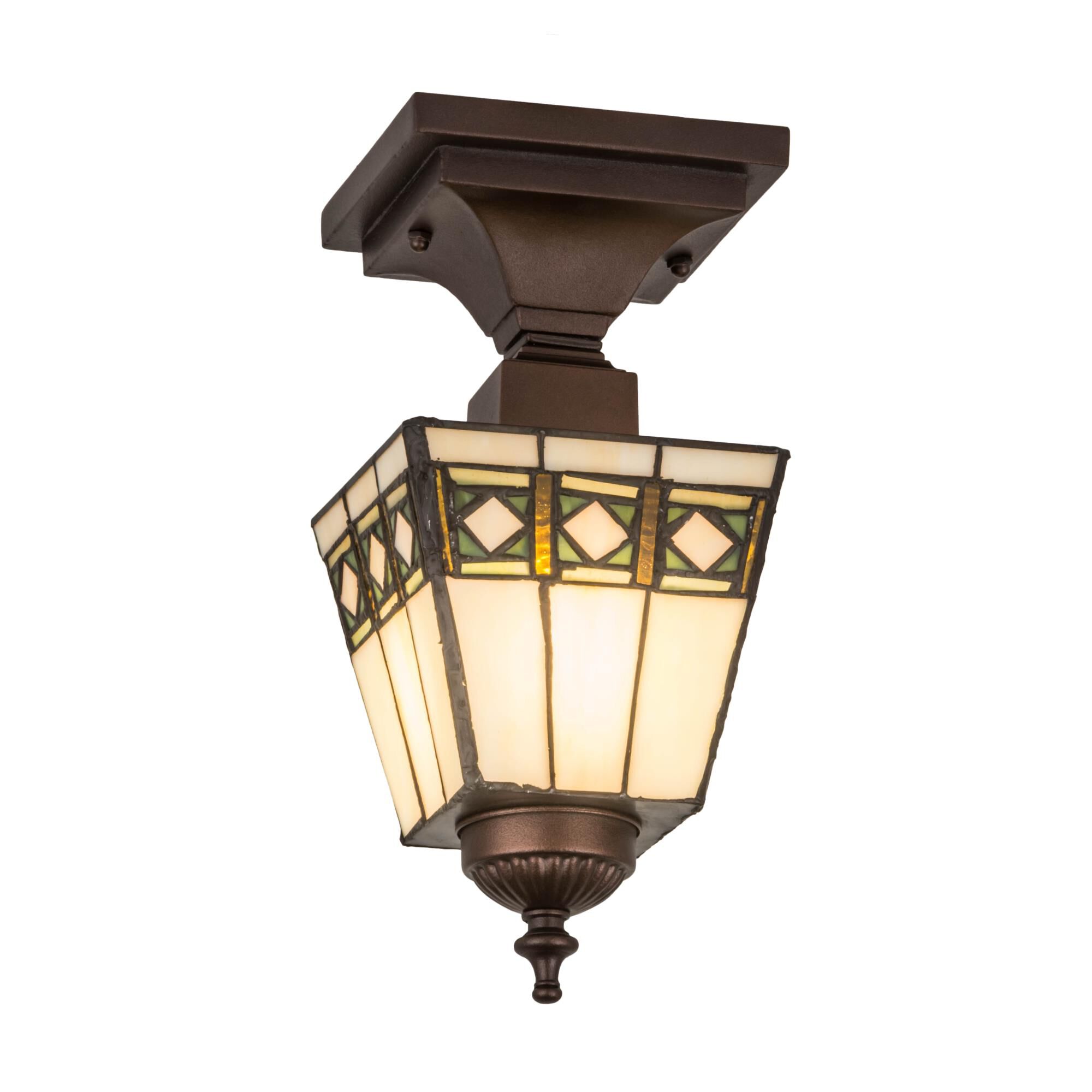 Shown in Mahogany Bronze finish and Beige-Amber-Jade-Peridot glass