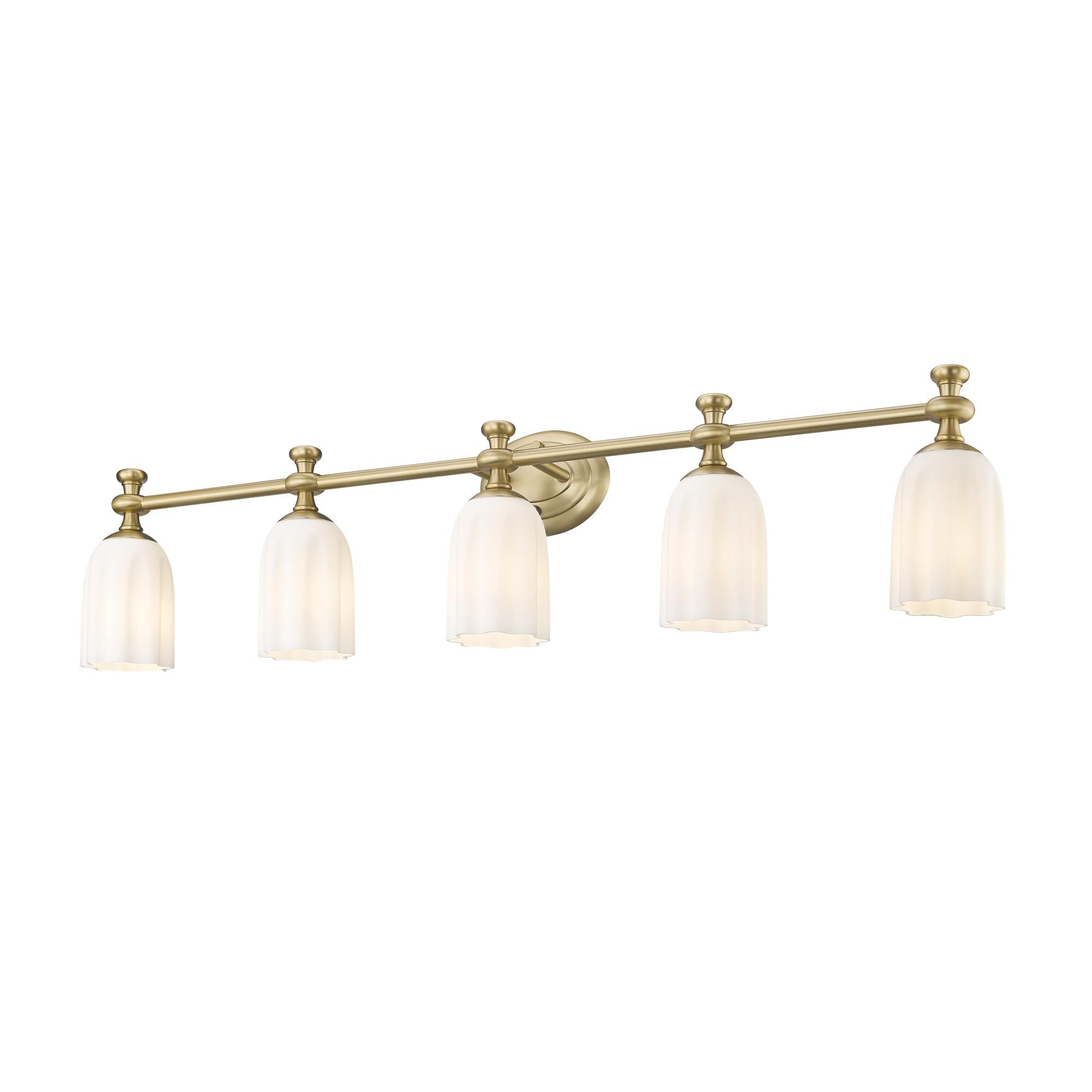 Shown in Modern Gold finish and Opal Etched glass and Opal Etched shade