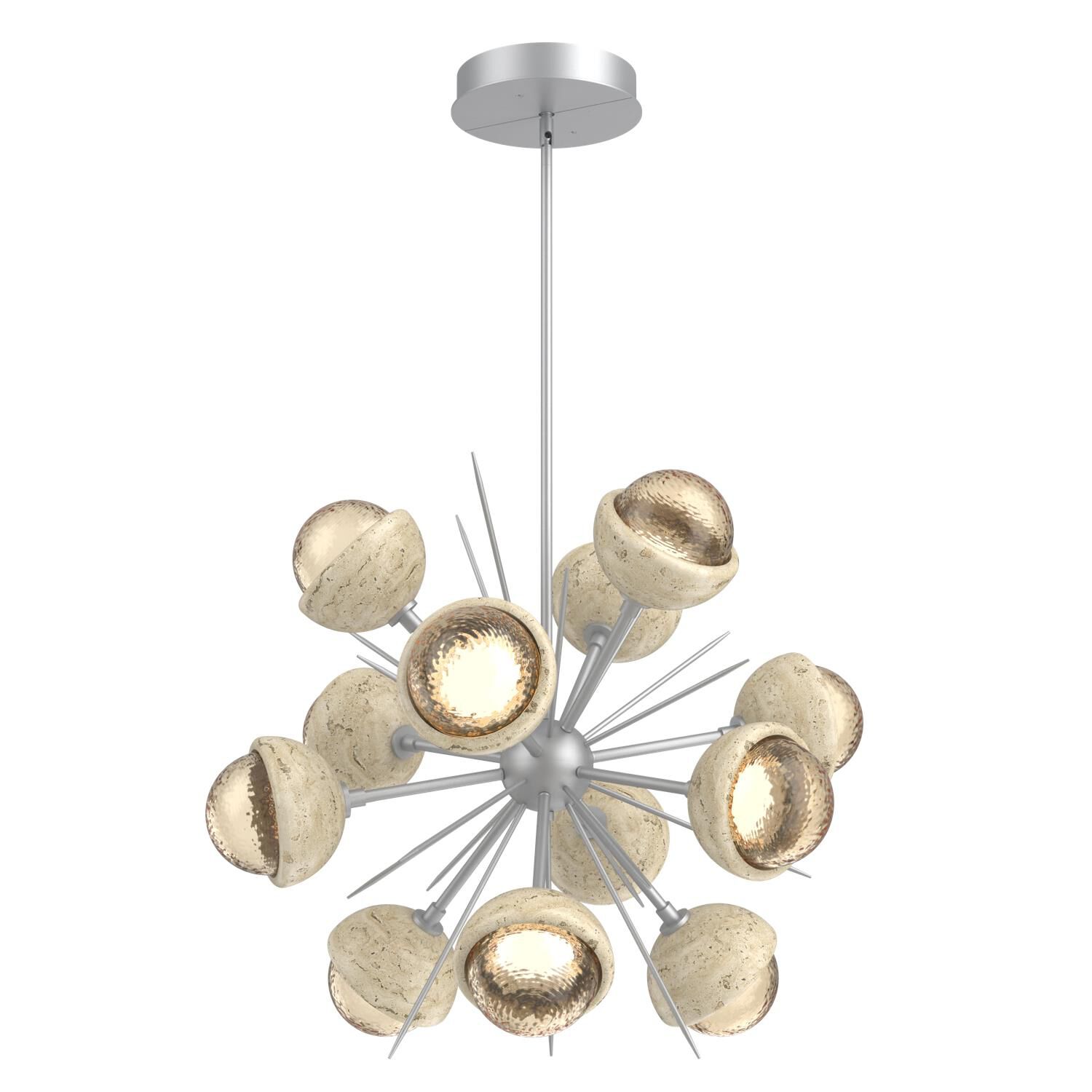 Shown in Classic Silver finish and Amber glass and Travertine Stone accent