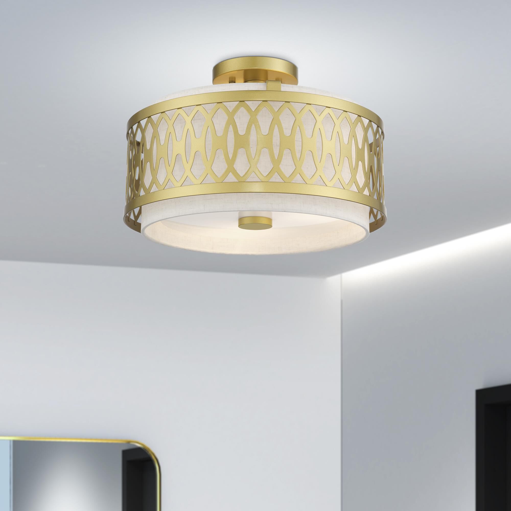 Shown in Soft Gold finish and Hand Crafted Oatmeal Color Hardback shade