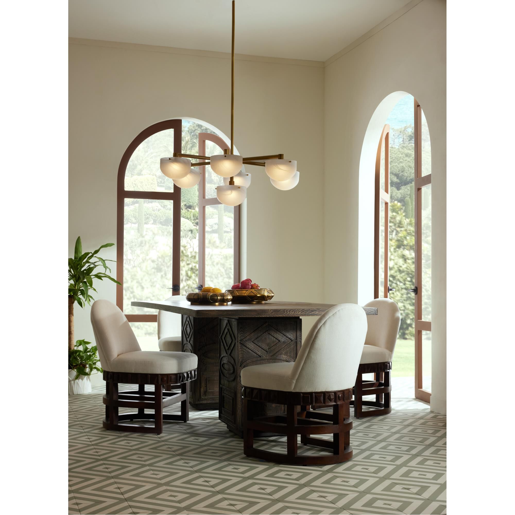 Shown in Antique Brass finish and White Swirl glass