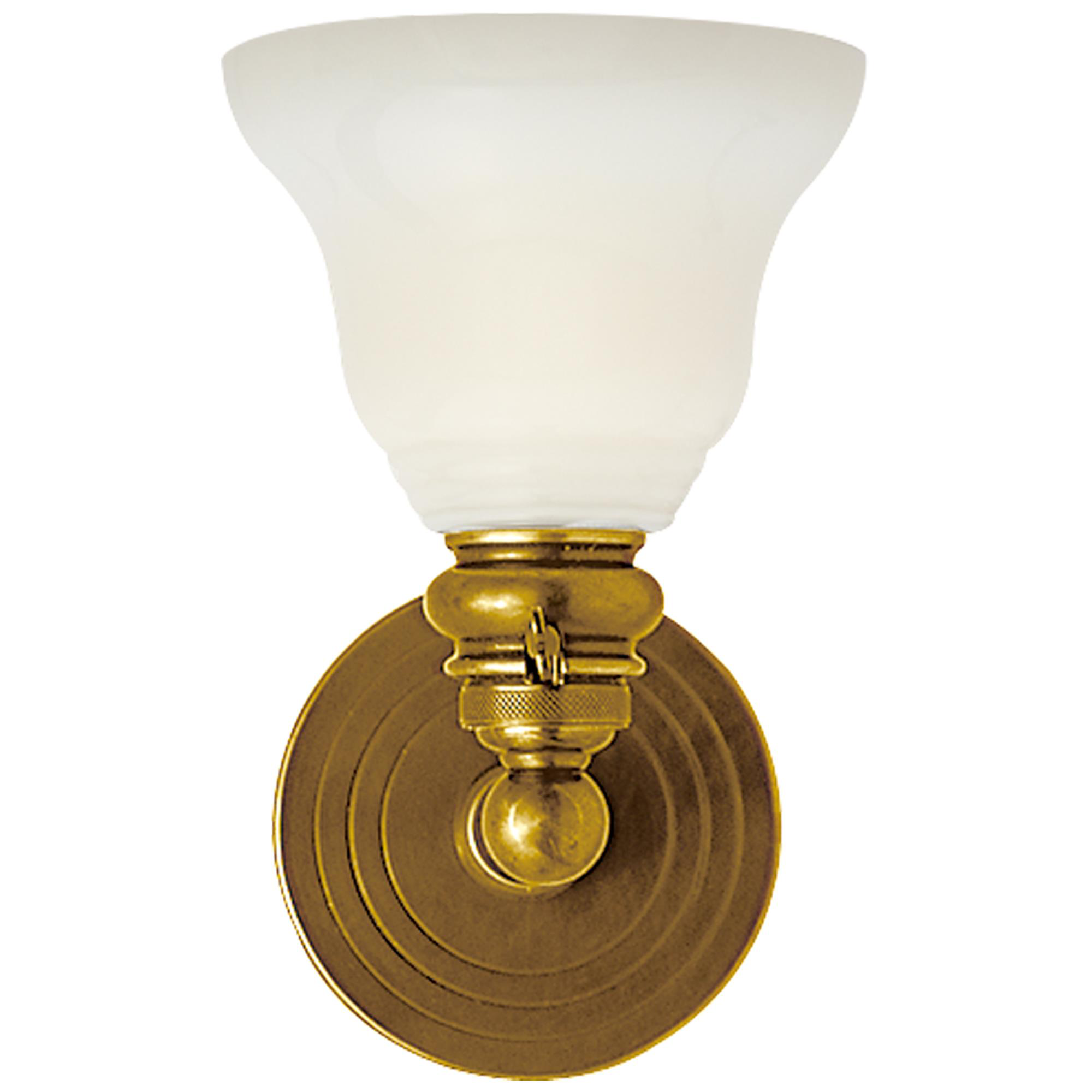 Shown in Hand-Rubbed Antique Brass finish and White glass