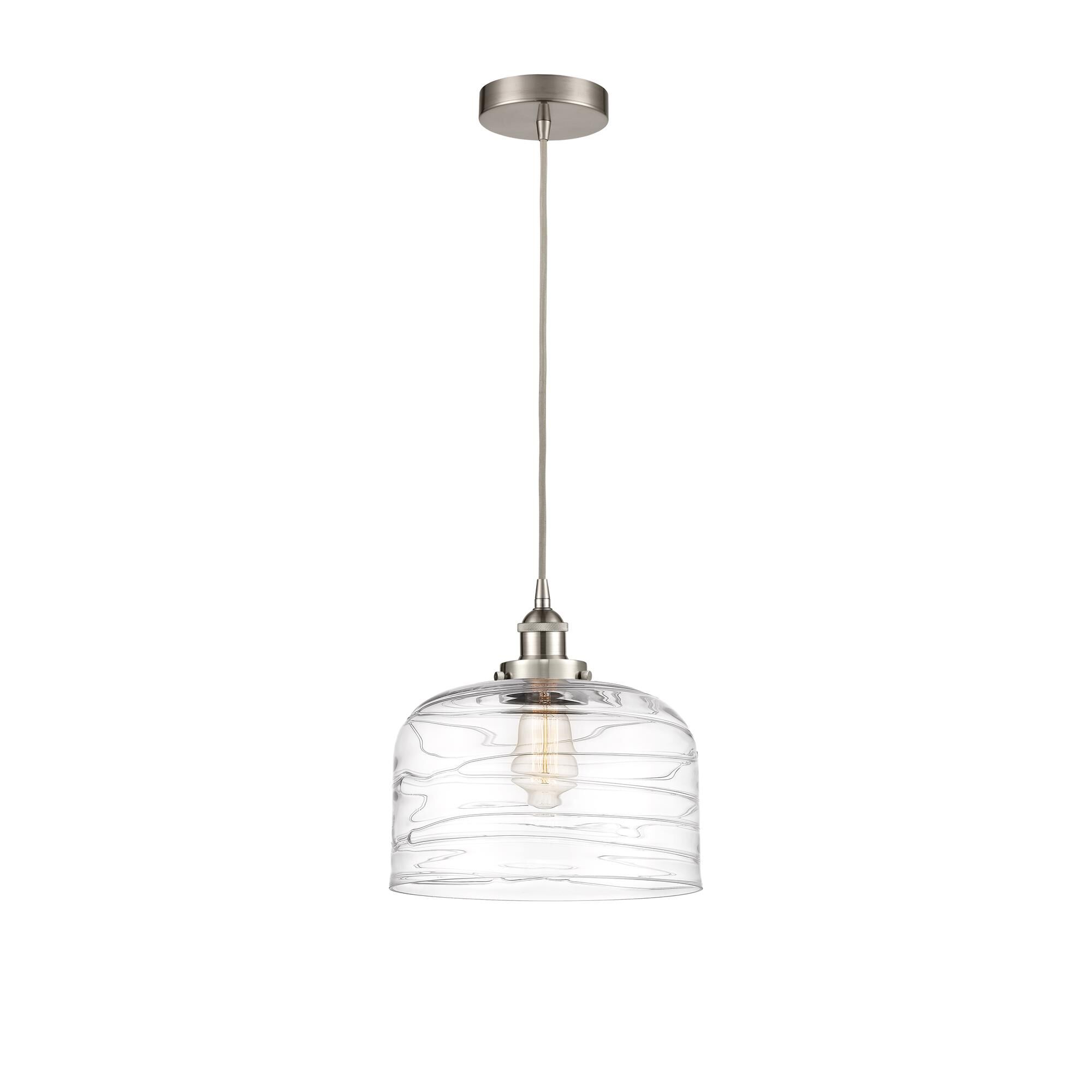Shown in Brushed Satin Nickel finish and Deco Swirl glass