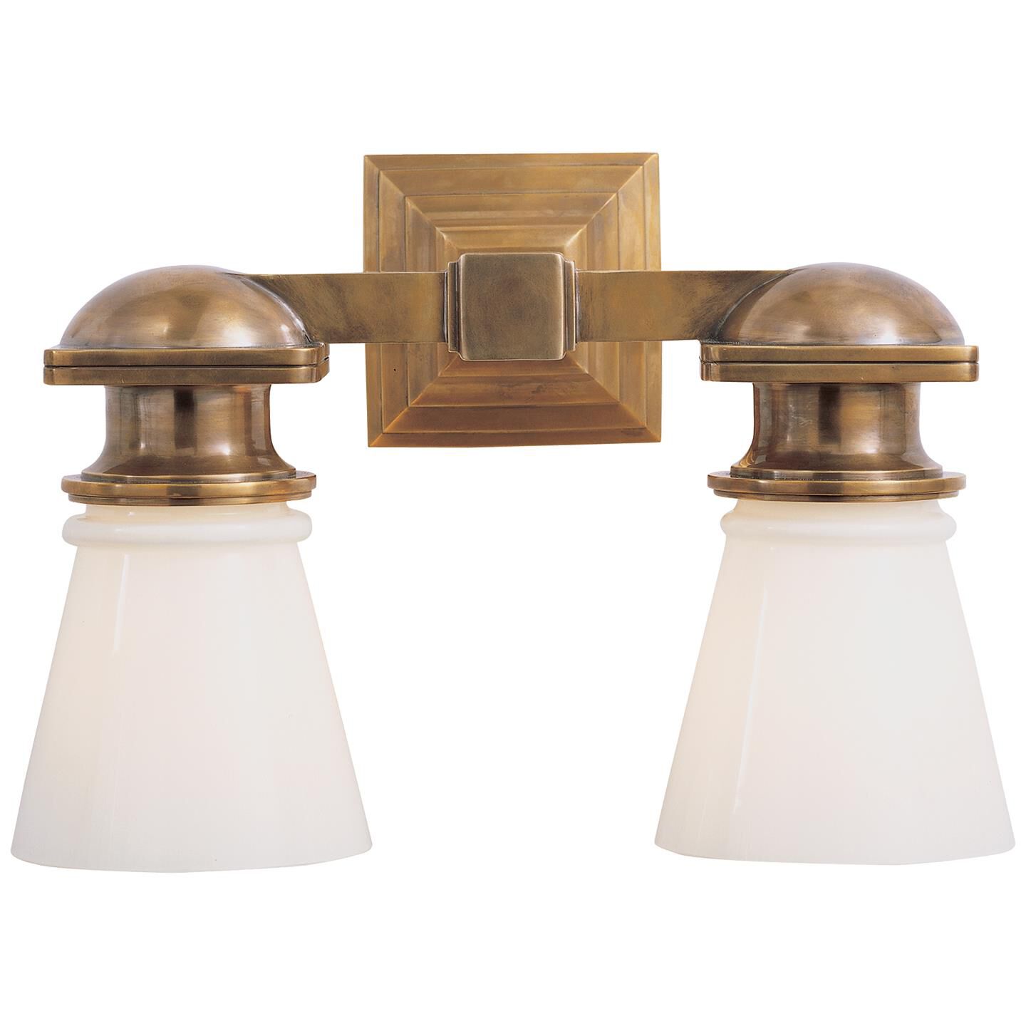 Shown in Hand-Rubbed Antique Brass finish and White glass