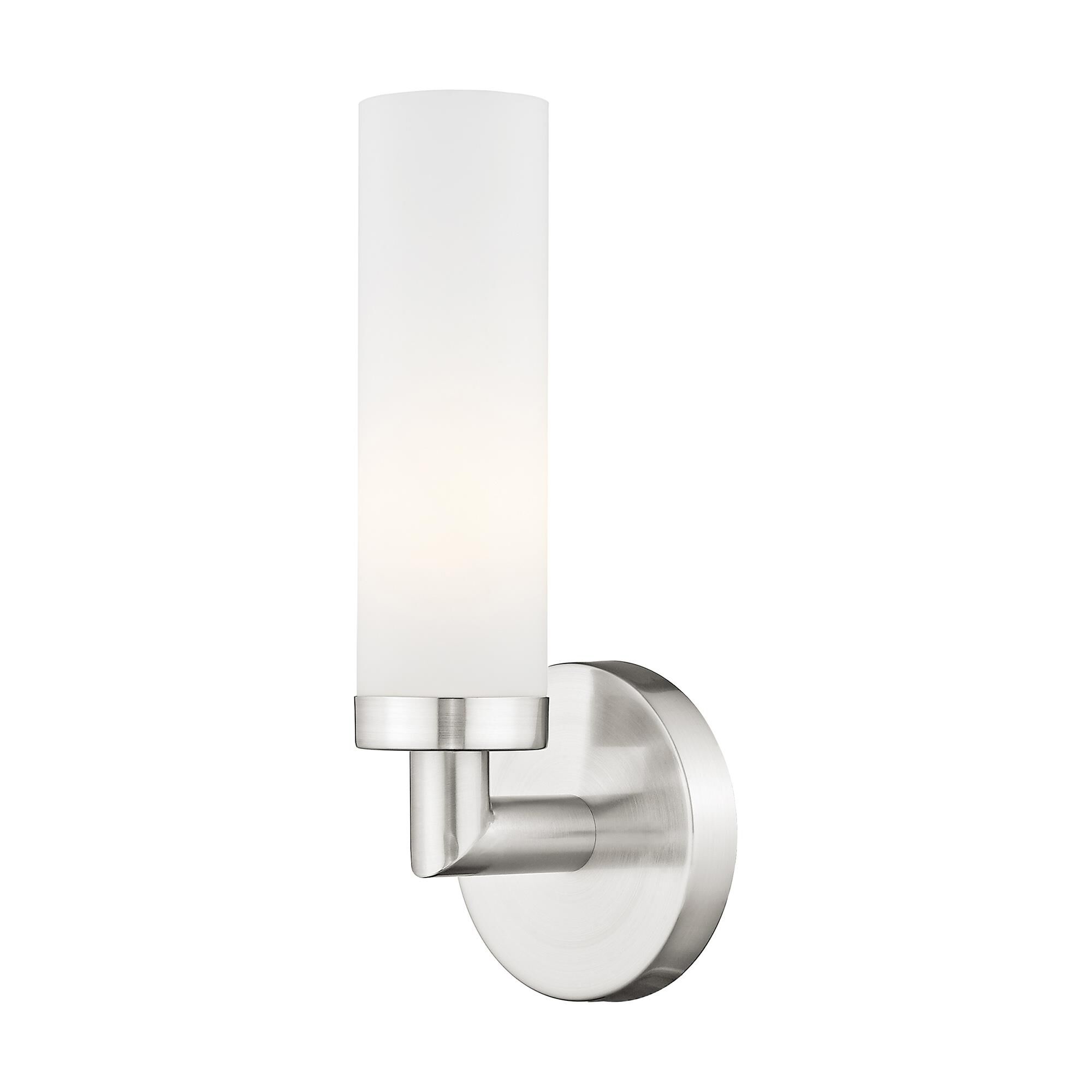 Shown in Brushed Nickel finish and Satin Opal White Hand Blown Twist Lock Cylinder glass