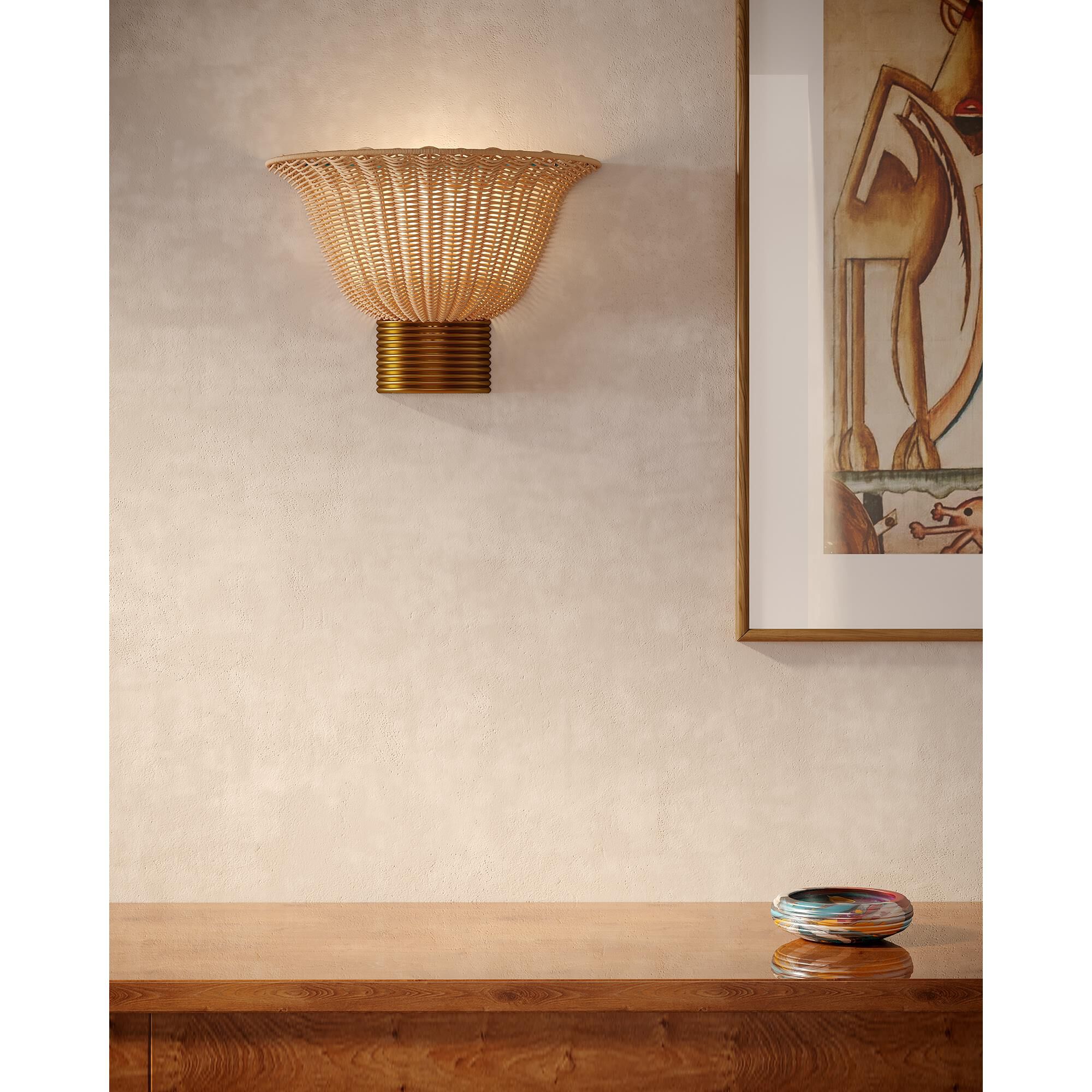 Shown in Brushed Gold finish and Rattan shade