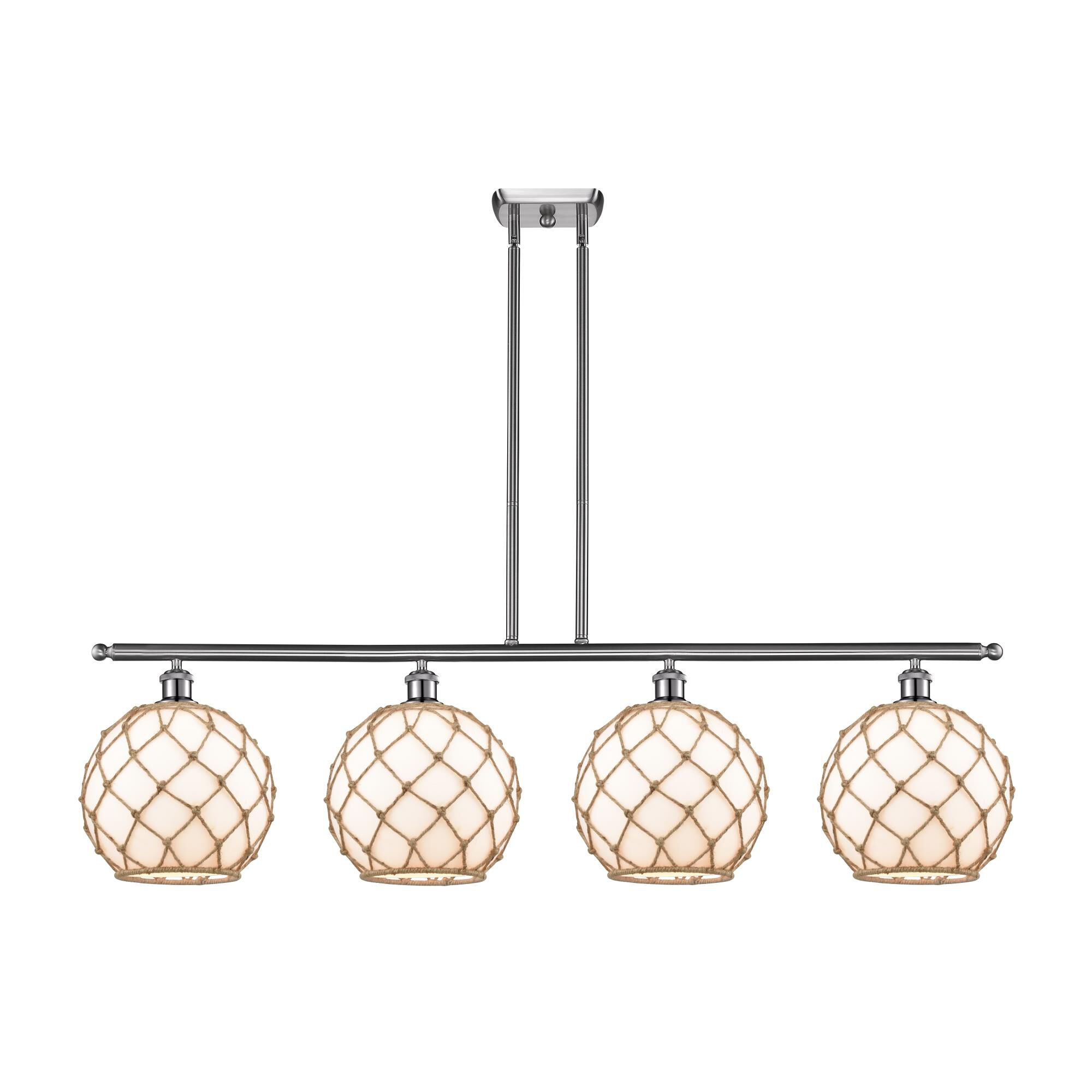 Shown in Brushed Satin Nickel finish and Sphere glass and Glass And Rope shade