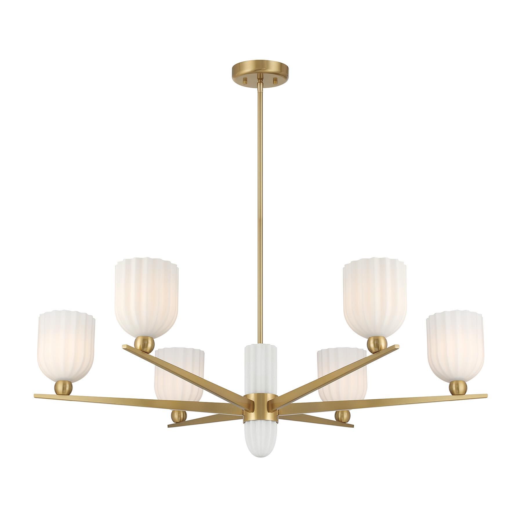 Shown in Warm Brass finish and White Opal Ribbed glass and White Resin accent