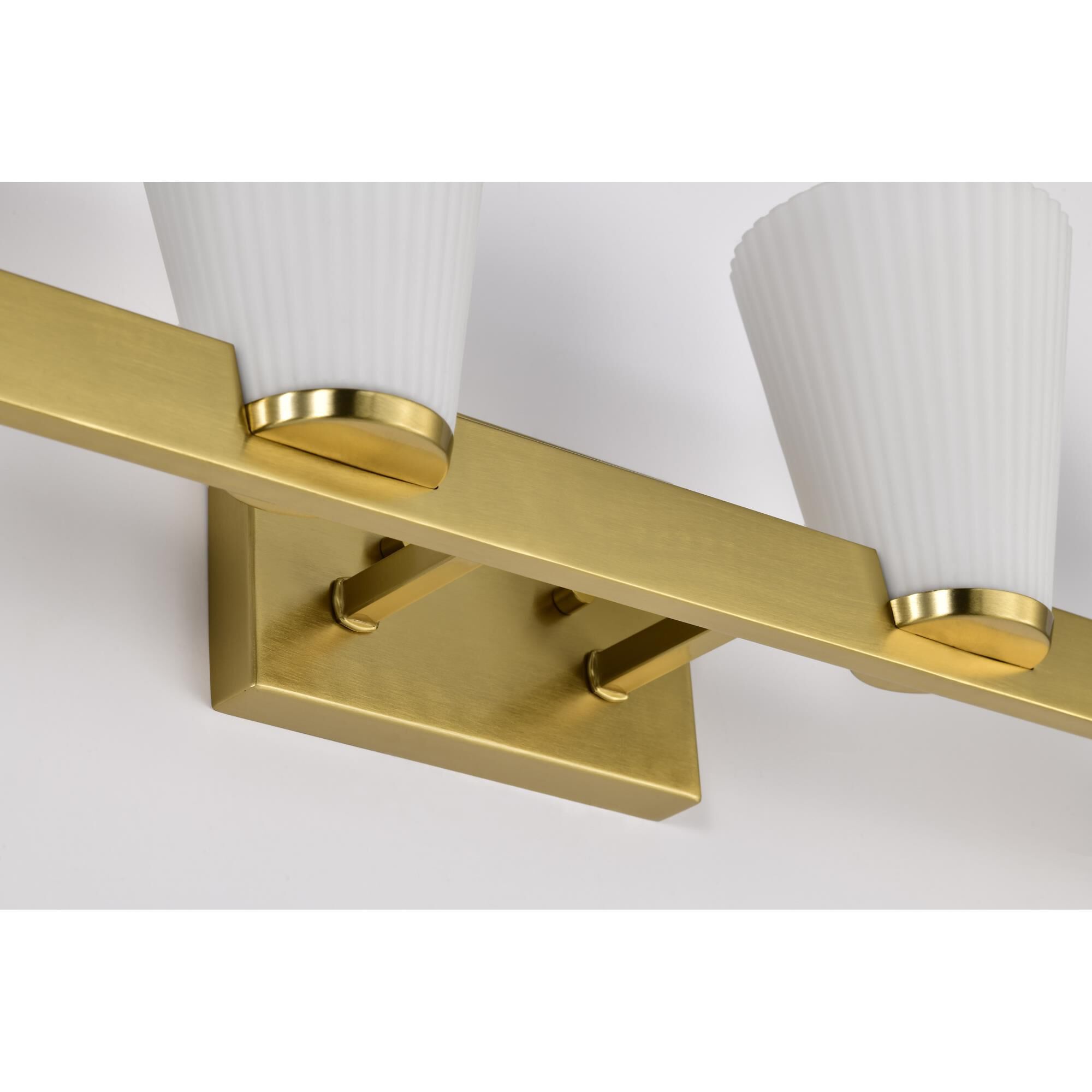 Shown in Burnished Brass finish and Ribbed White glass