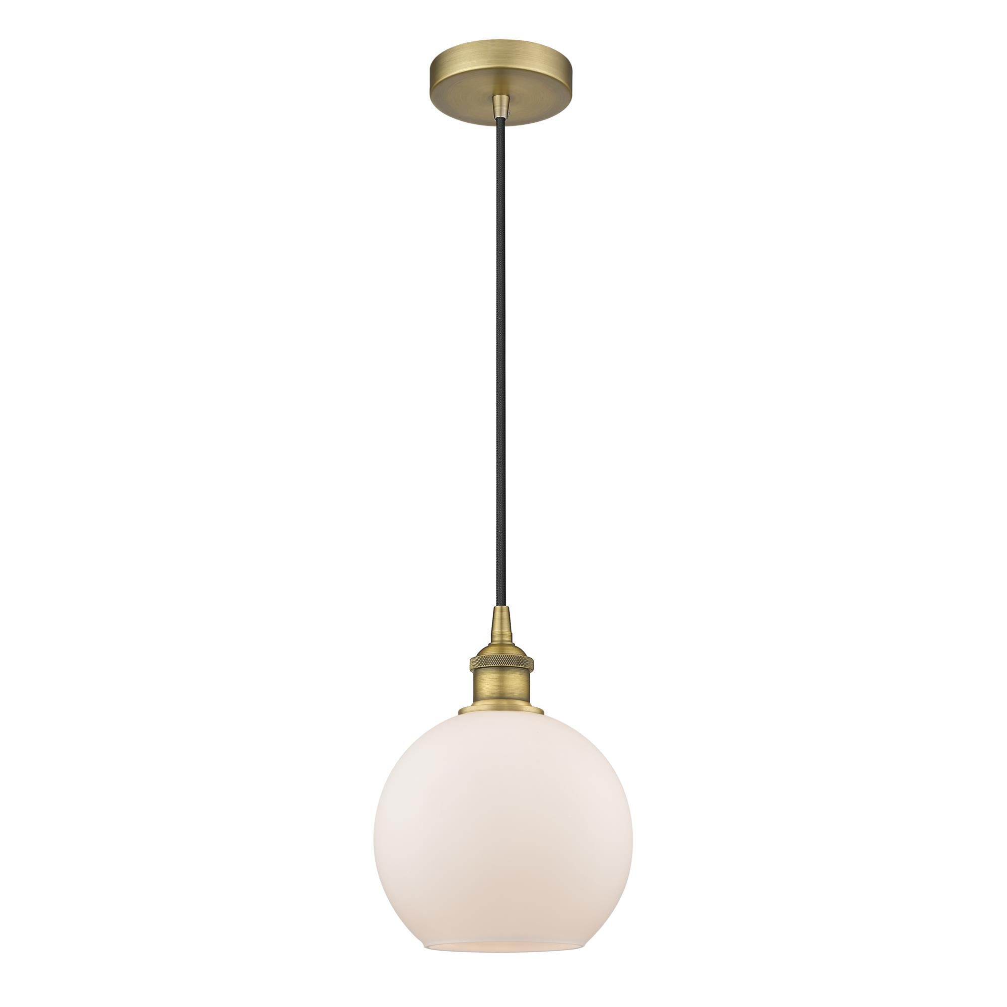 Shown in Brushed Brass finish and Cased Matte White glass