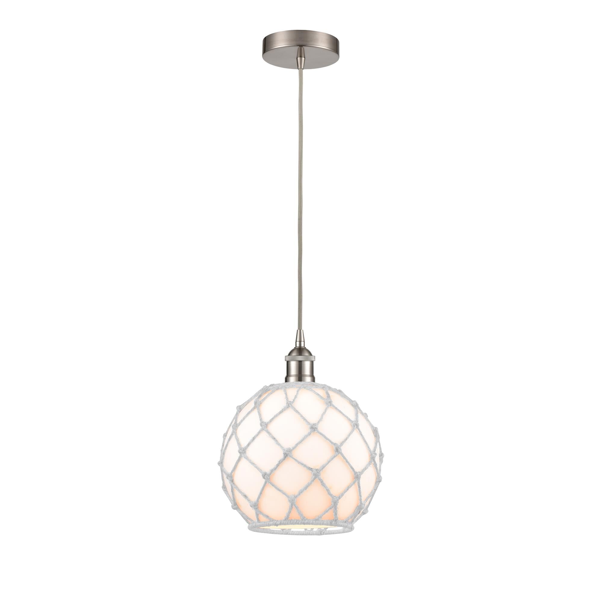 Shown in Brushed Satin Nickel finish and White Large Farmhouse With White Rope glass