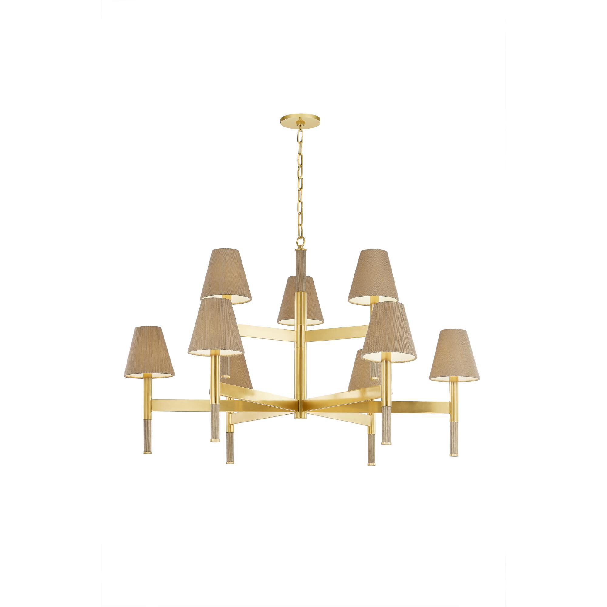 Shown in Aged Brass finish and Natural Grasscloth shade