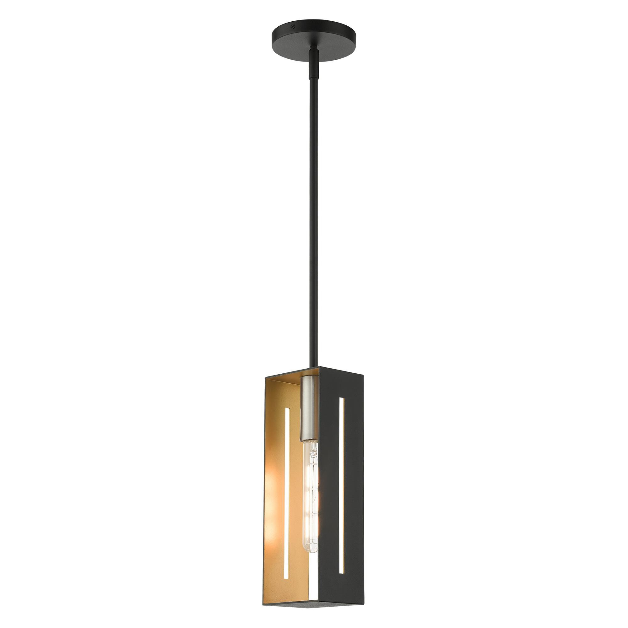 Shown in Textured Black With Brushed Nickel Accents finish and Hand Welded Textured Black  With Gold Finish Inside shade
